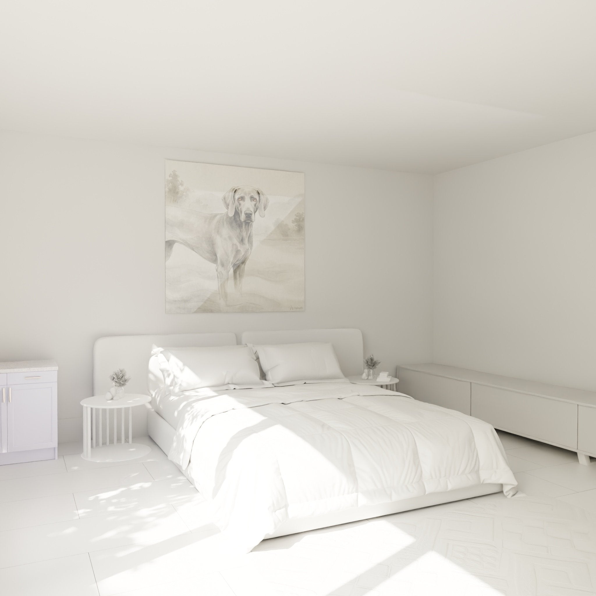 Decorazione camera da letto con quadro Braque di Weimar grigio, atmosfera tranquilla e raffinata
