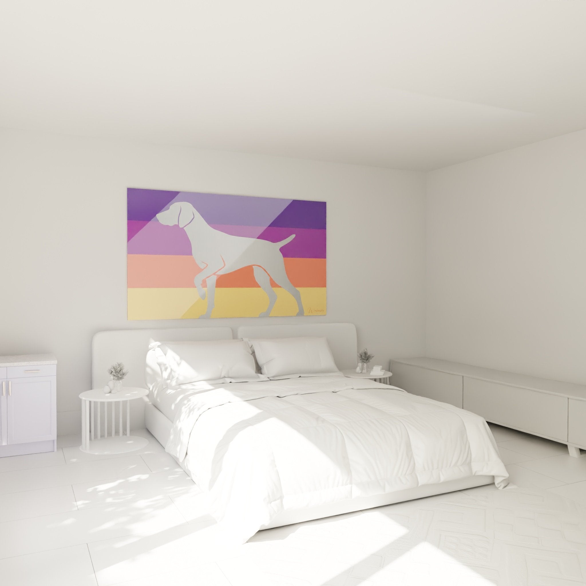 Schlafzimmer-Dekoration mit geometrischem Braque-Gemälde aus Weimar in leuchtenden Farben, moderne elegante Atmosphäre