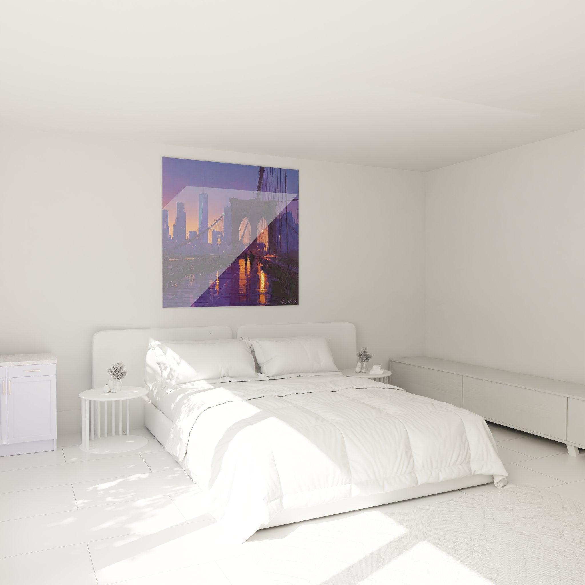 Décoration chambre tableau Brooklyn Bridge violet orange ambiance urbaine New York