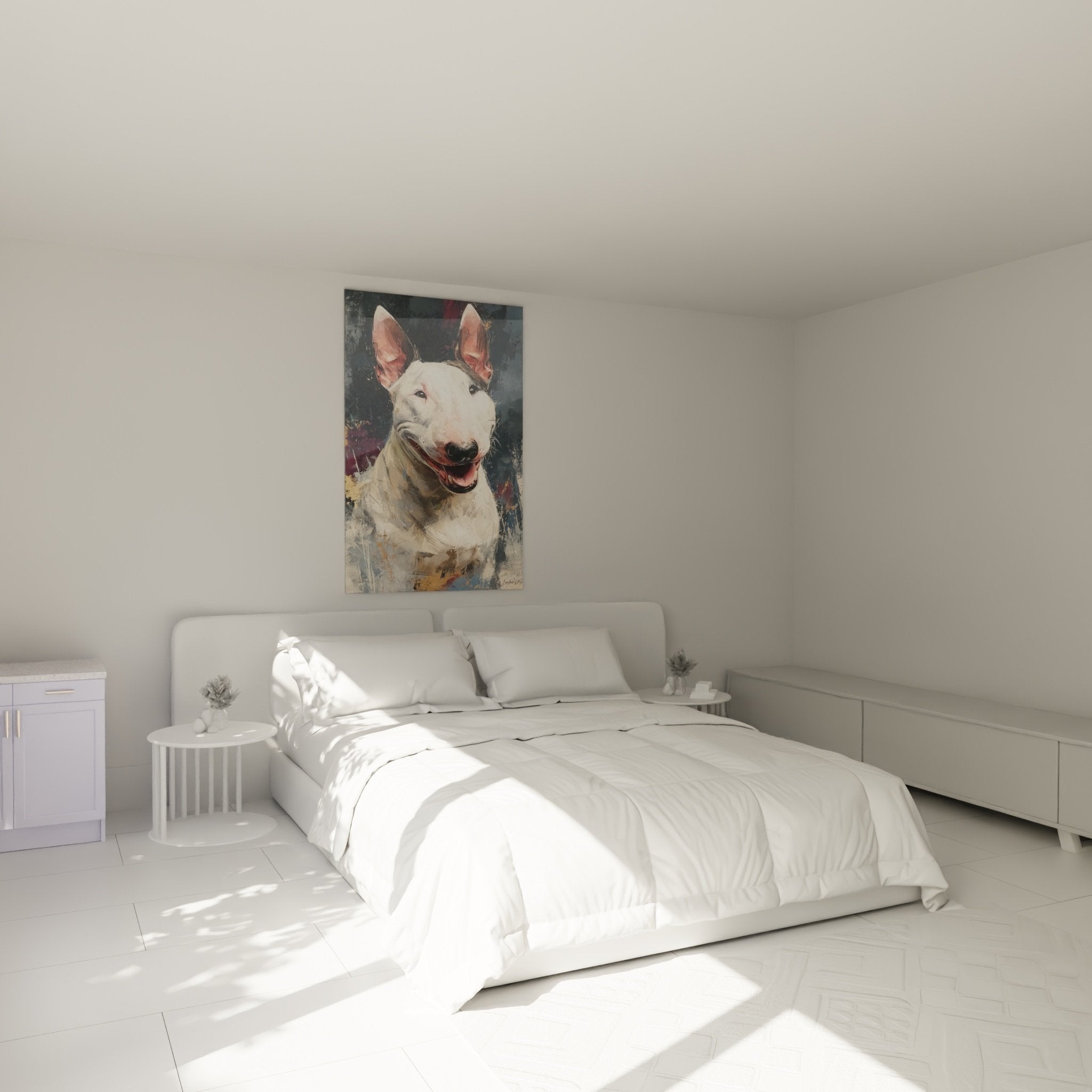 Decoration chambre tableau bull terrier blanc joyeux ambiance chaleureuse art mural contemporain