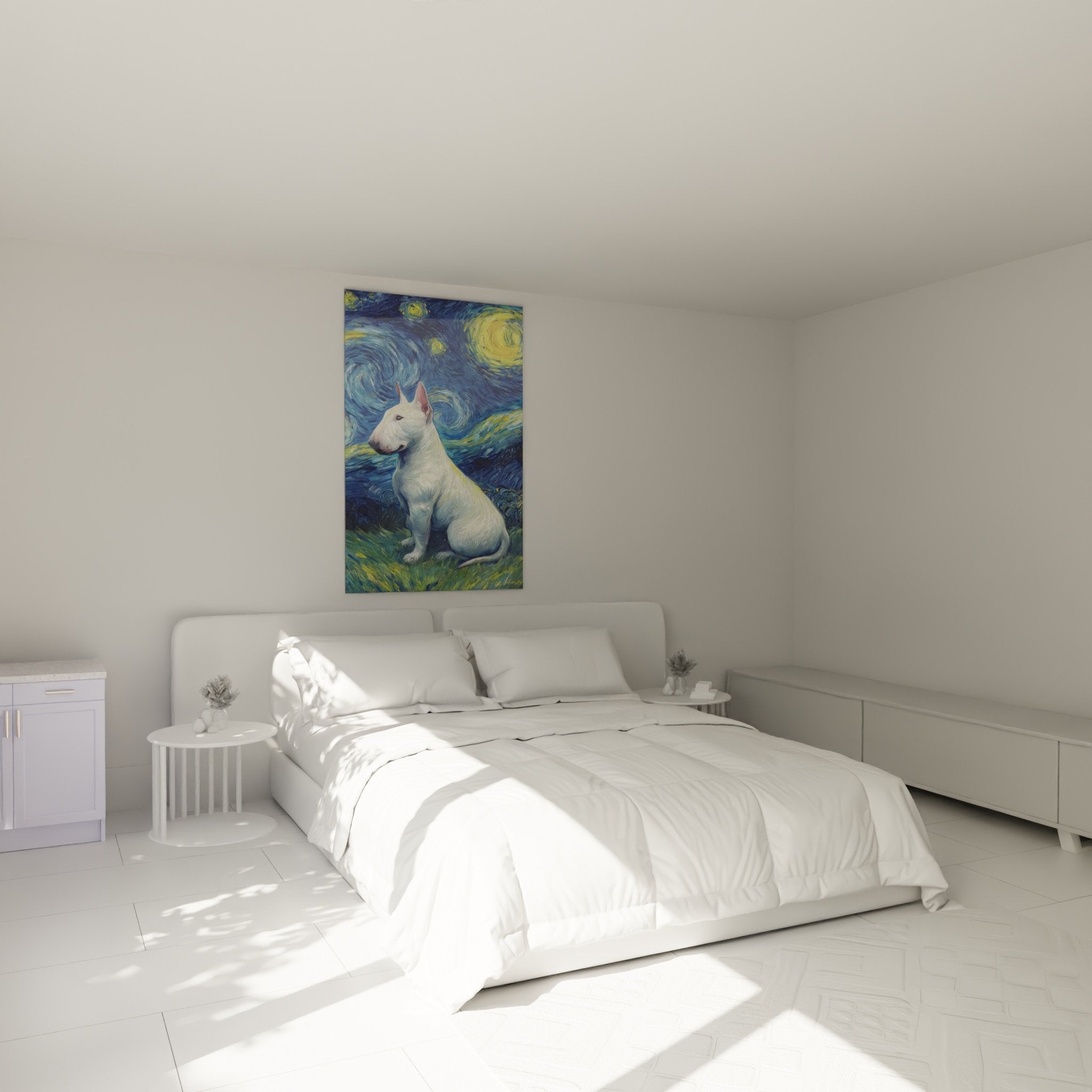 Déco chambre tableau bull terrier blanc ciel nocturne étoilé spirales bleues dorées ambiance apaisante romantique