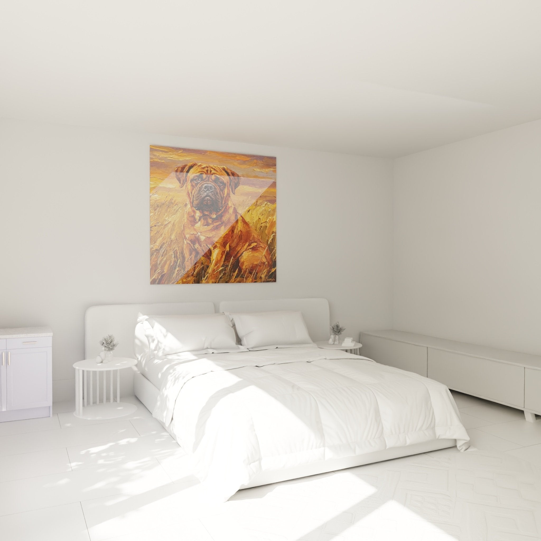 Bedroom decor with golden Bullmastiff wall art, cosy and warm ambiance on natural beige wall