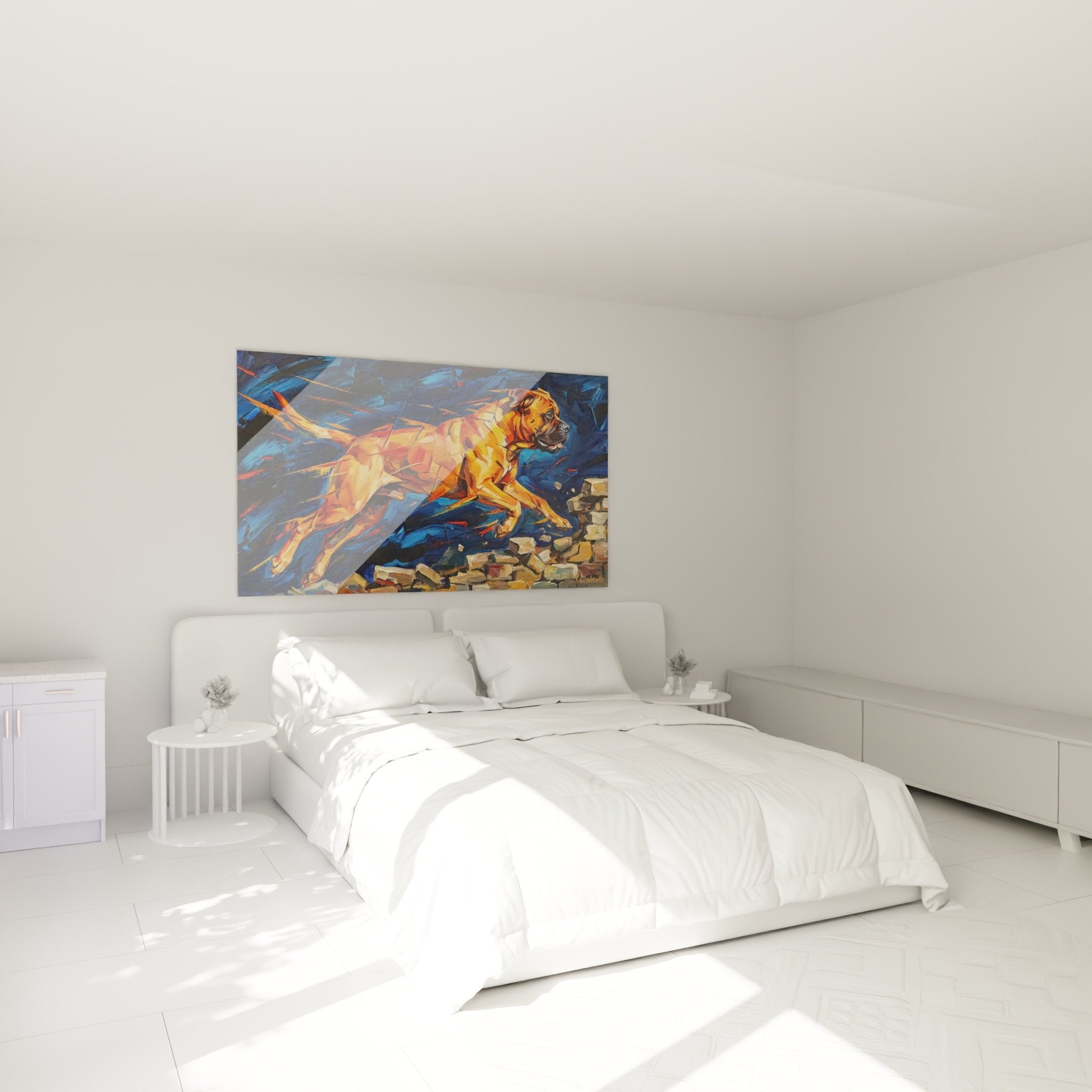 Decoration murale bullmastiff dynamique orange et bleu dans chambre contemporaine moderne