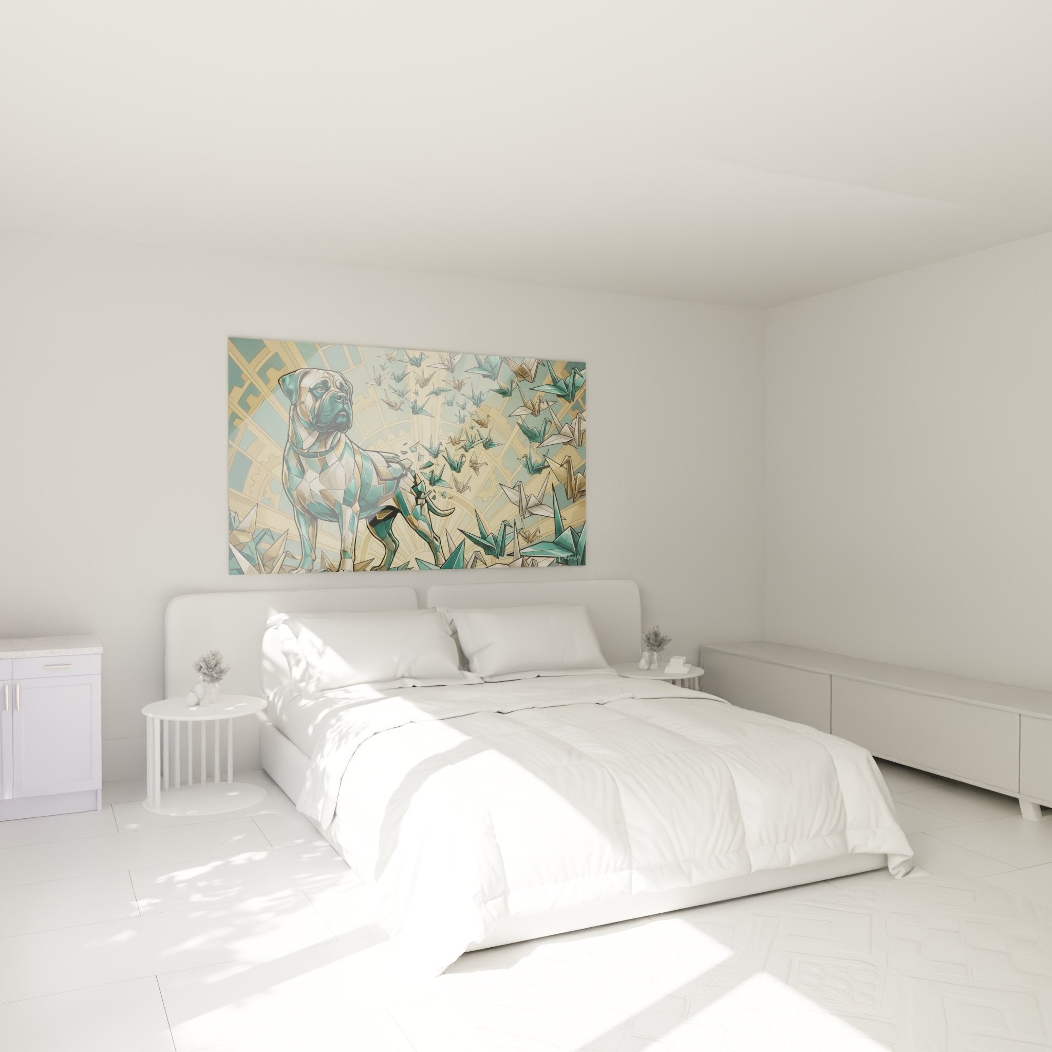 Tableau Bullmastiff origami dans chambre moderne aux murs blancs et mobilier naturel