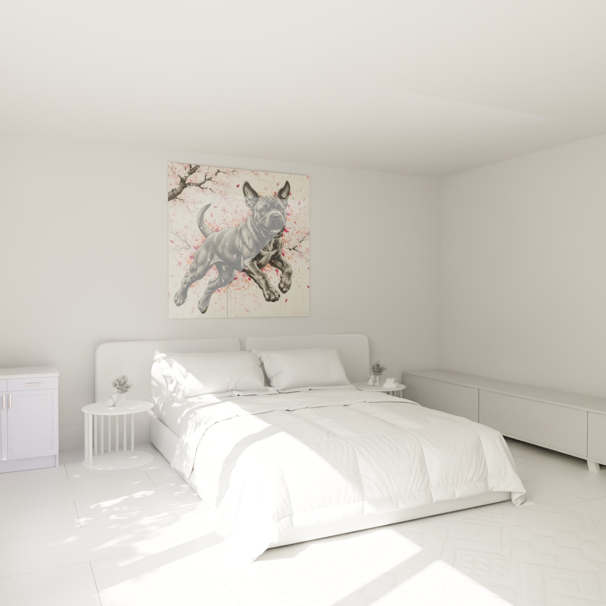déco chambre tableau bullmastiff fleurs cerisier ambiance douce mur blanc mobilier bois clair
