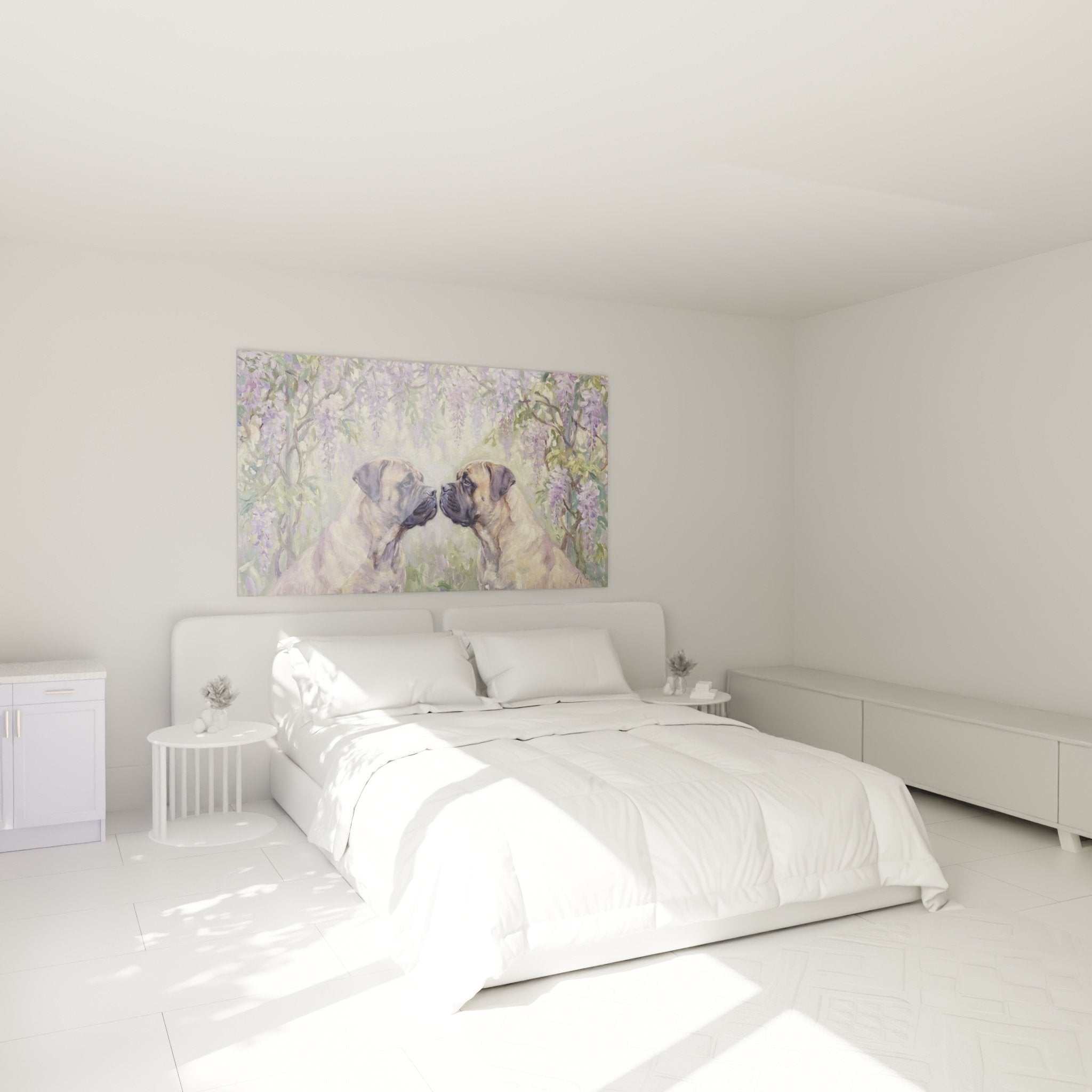 Décoration chambre avec tableau de deux Bullmastiffs sous glycines violettes sur mur blanc