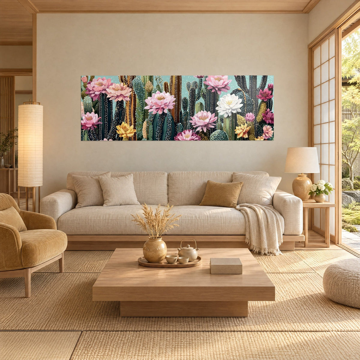 Schilderij van bloeiende cactussen op turquoise achtergrond, roze lotusbloemen en witte stippen, boven een bank in een lichte woonkamer
