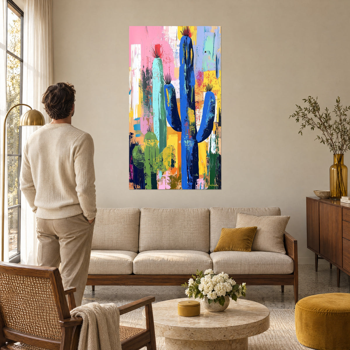 Gemälde blauer Kaktus in Kobaltblau mit dicken Pinselstrichen auf rosa und gelbem Grund, über einem Sofa in einem hellen Wohnzimmer