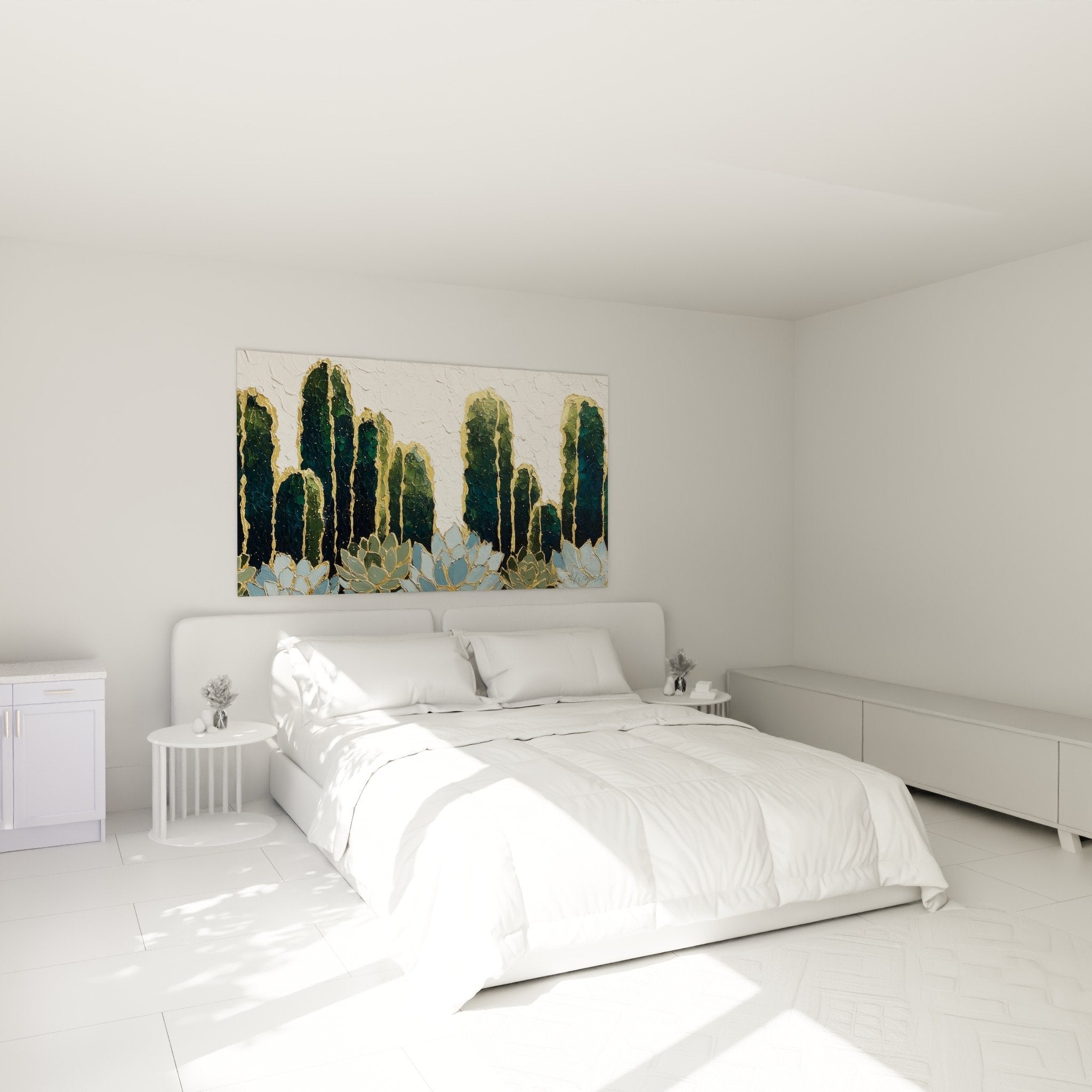 Bedroom decoration cactus wall art golden green blue modern botanical ambiance