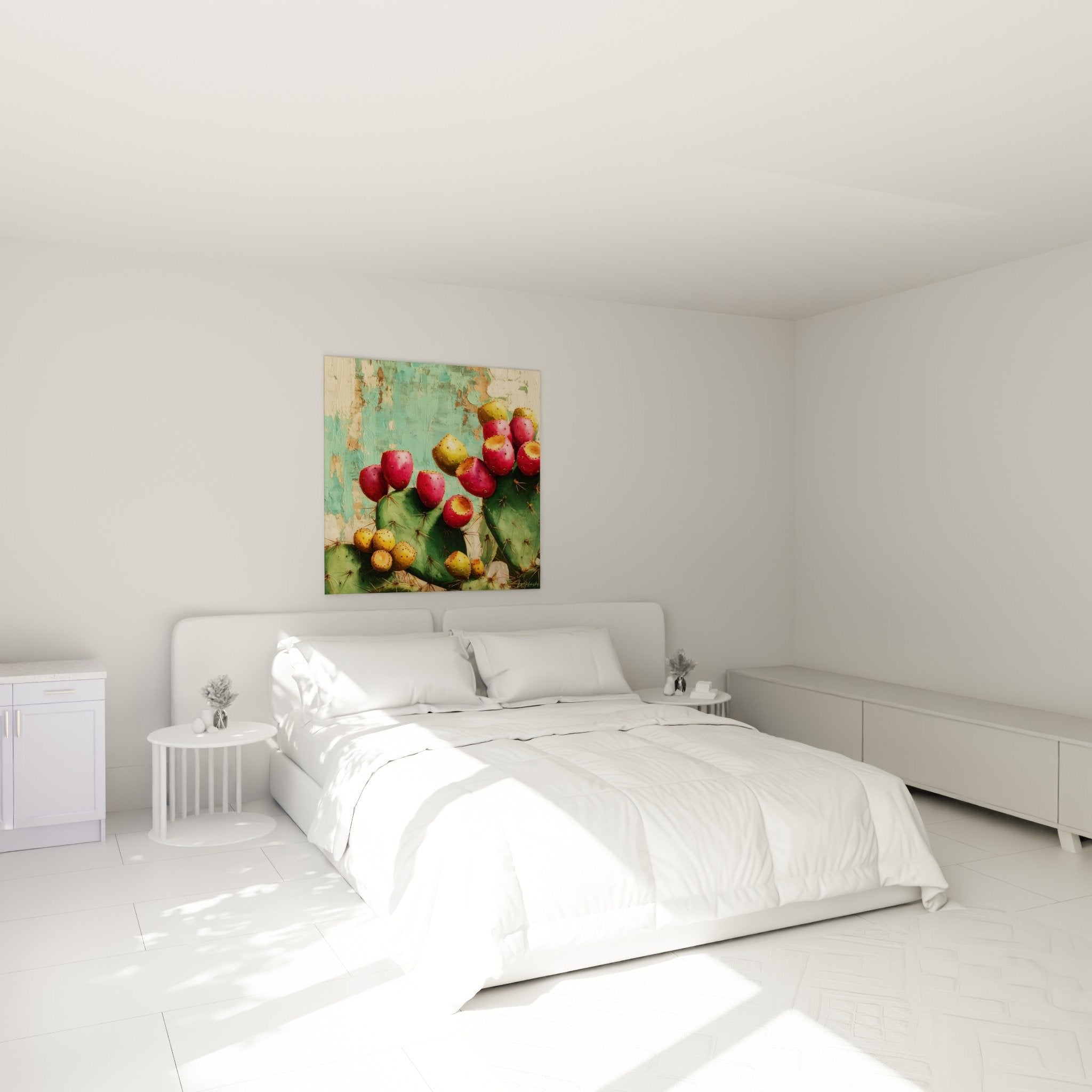 Bedroom wall decoration cactus prickly pear fruits painting colorful turquoise wall Mediterranean ambiance