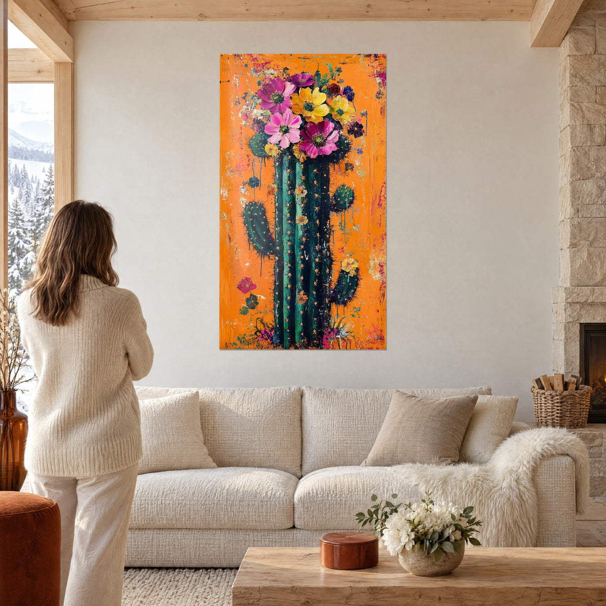 Gemälde Kaktus-Säule in Tannengrün, bekrönt von rosa und gelben Blüten auf orangefarbenem Hintergrund, Frau von hinten, Chaletsofa
