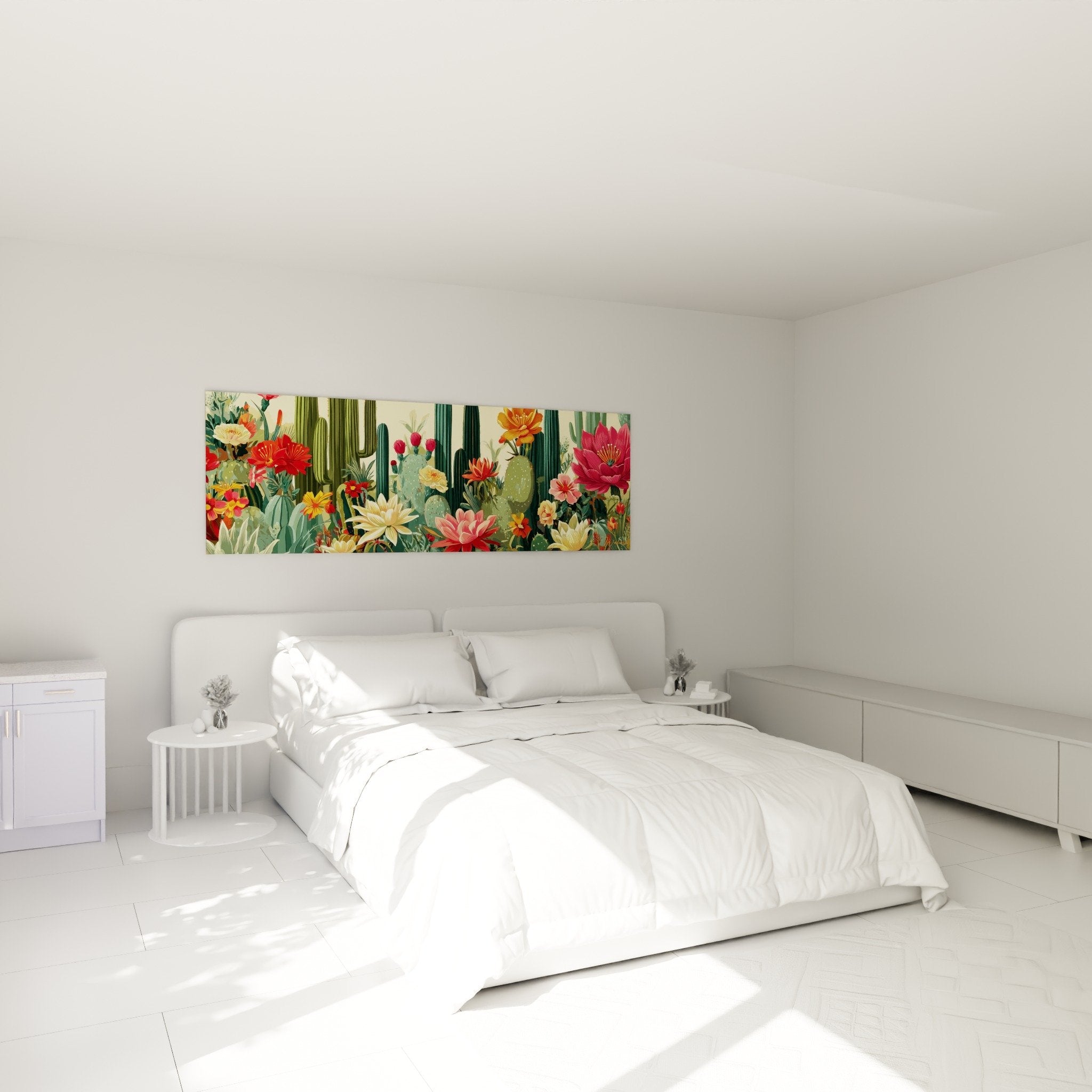 Wall decoration bedroom cactus painting blooming flowers coral fuchsia tones modern botanical ambiance