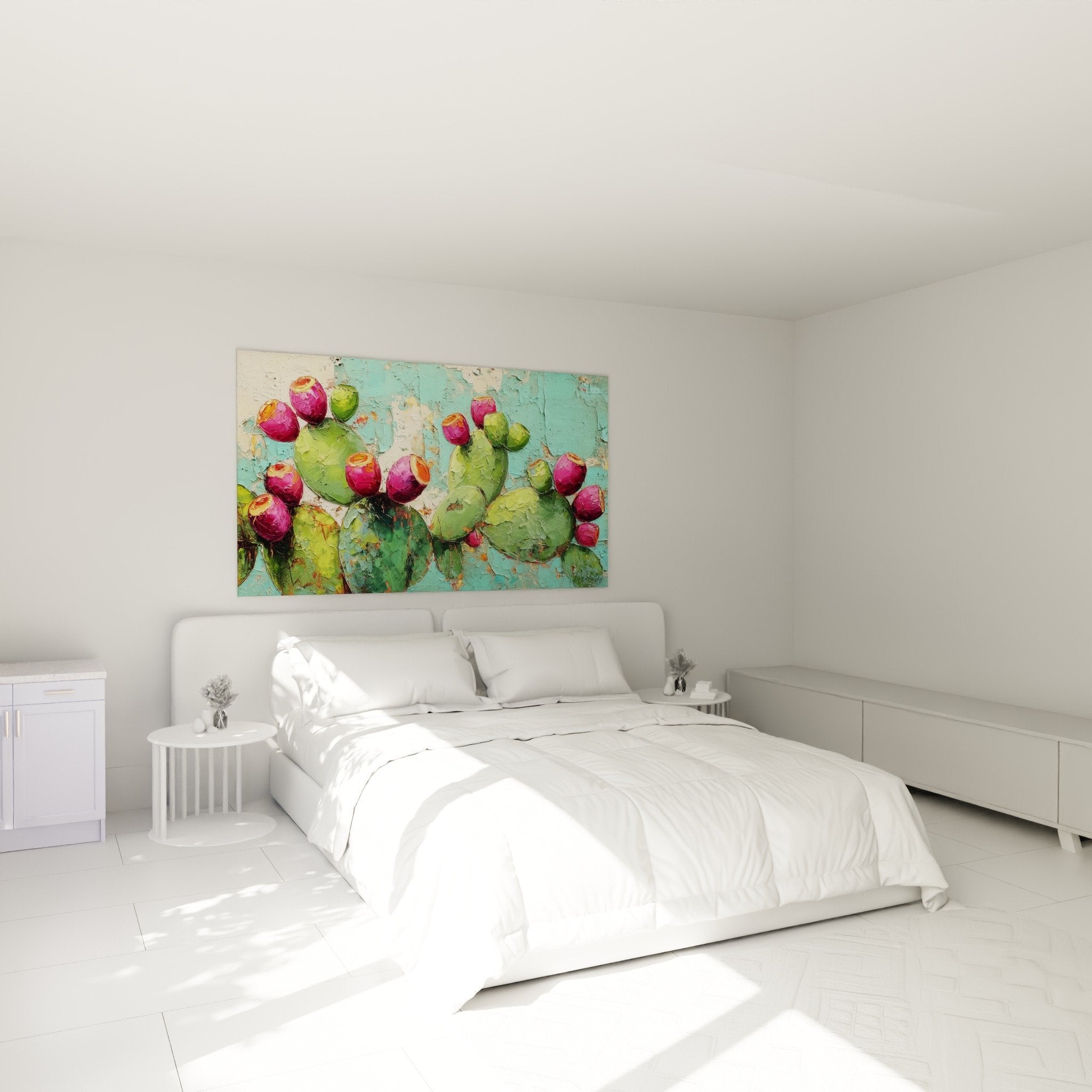 Décoration murale chambre cactus fleurs roses fond turquoise ambiance bohème moderne cubisme