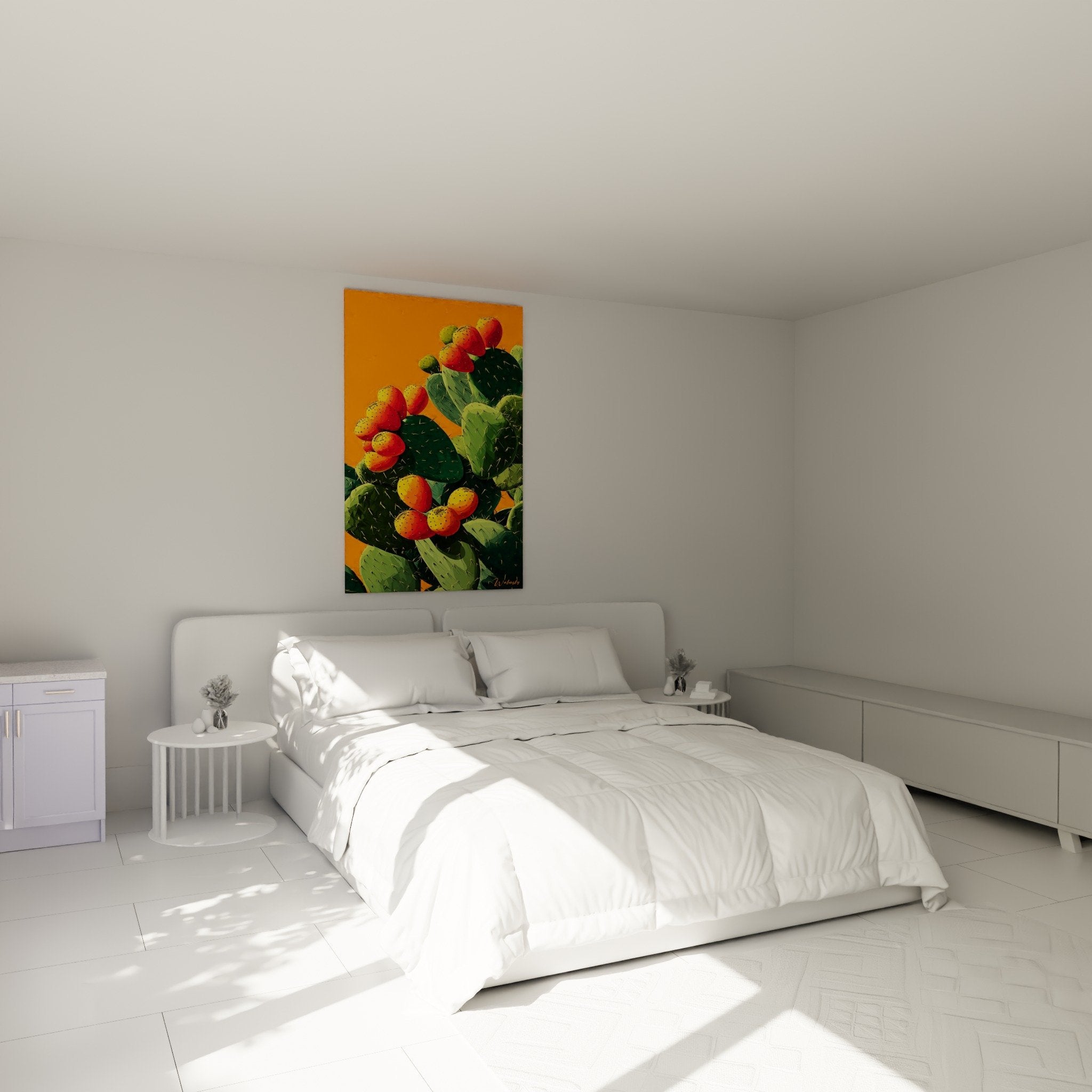Deco chambre tableau cactus fruits colores mur orange ambiance chaleureuse botanique moderne