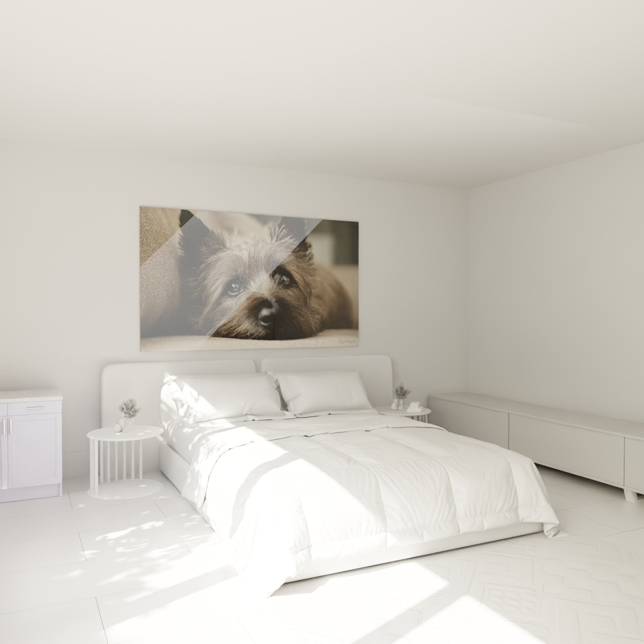 Tableau Cairn Terrier regard tendre decoration chambre ambiance chaleureuse tons beiges naturels