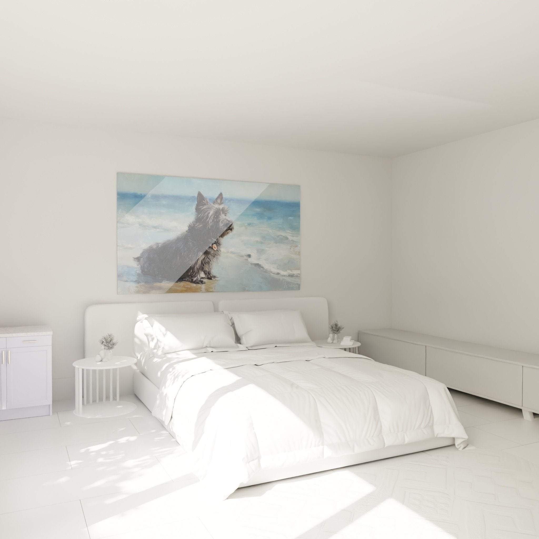 Décoration chambre avec tableau chien Cairn Terrier contemplant océan, ambiance marine apaisante