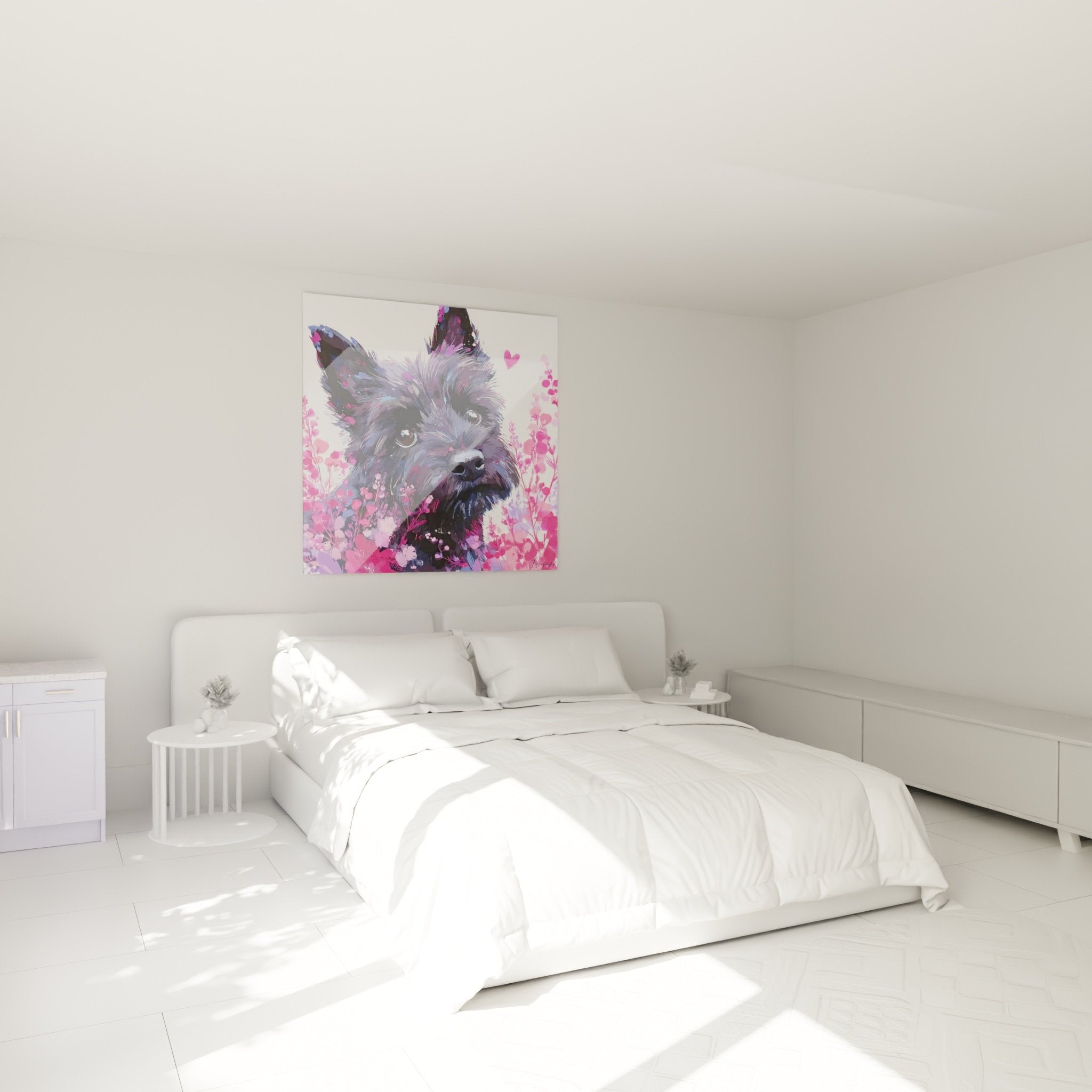 Decoration murale chambre avec portrait Cairn Terrier violet et fleurs roses
