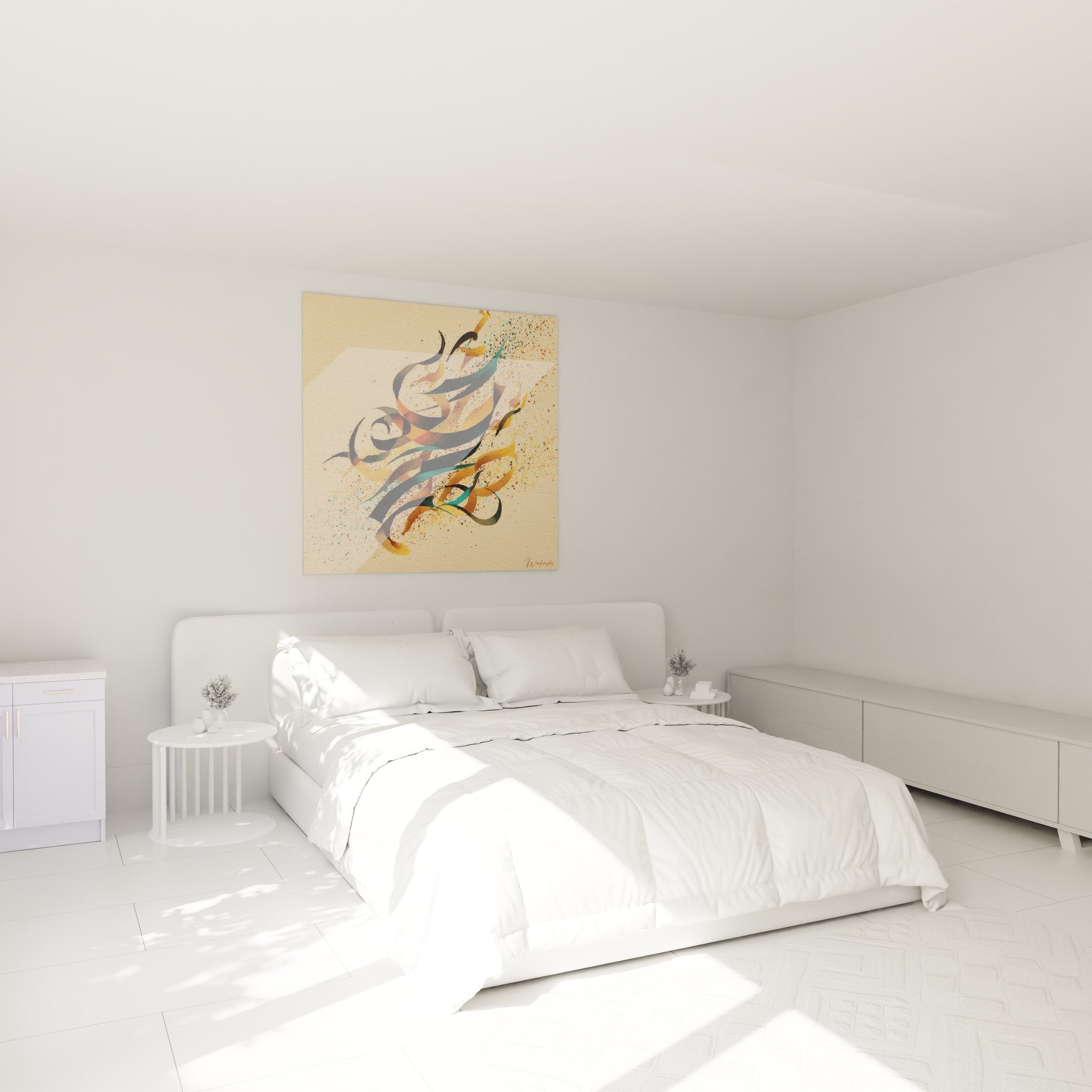 Décoration chambre avec tableau calligraphie abstraite moderne aux couleurs chaudes et apaisantes