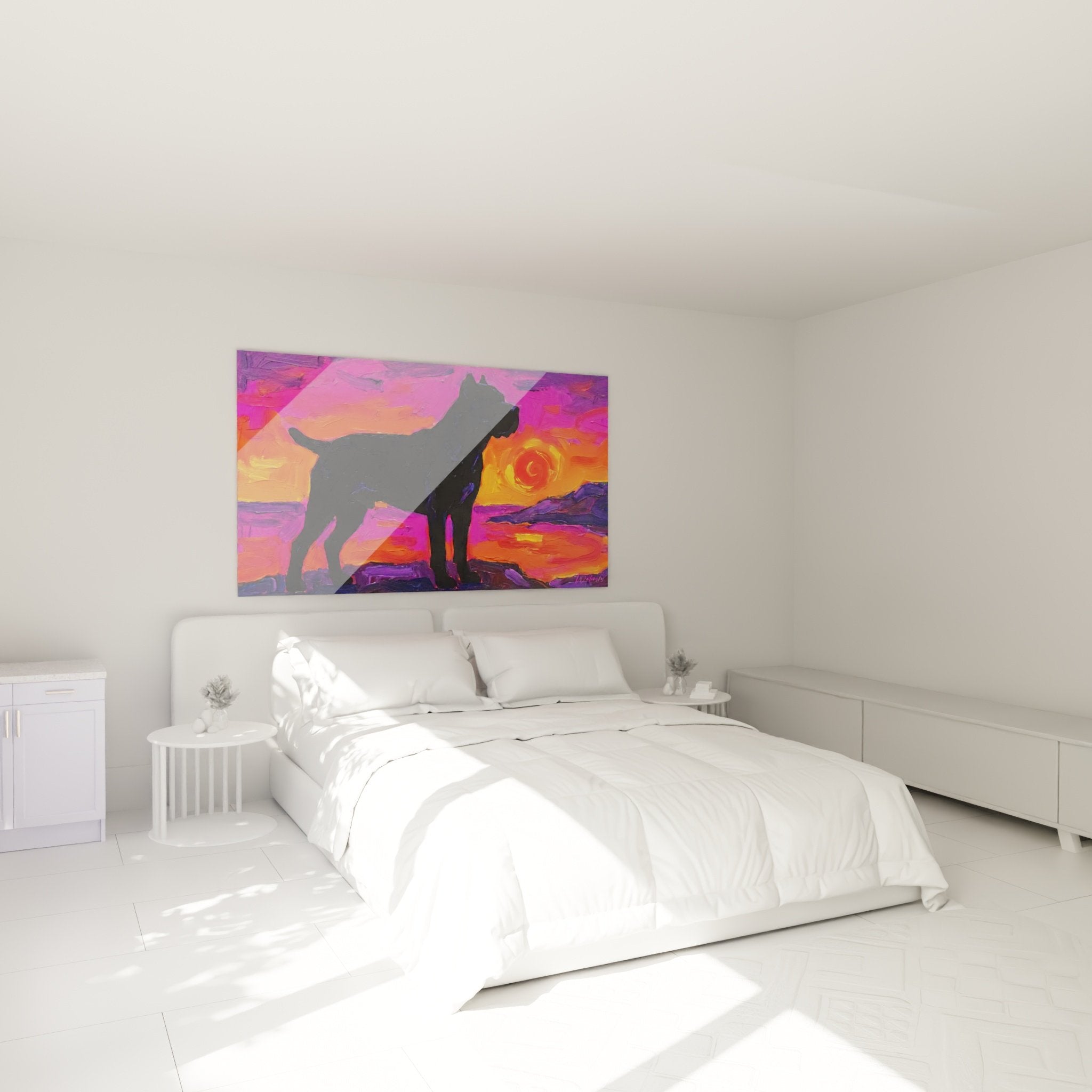 Decoration murale chambre Cane Corso style expressionniste couleurs vives rose violet orange ambiance moderne