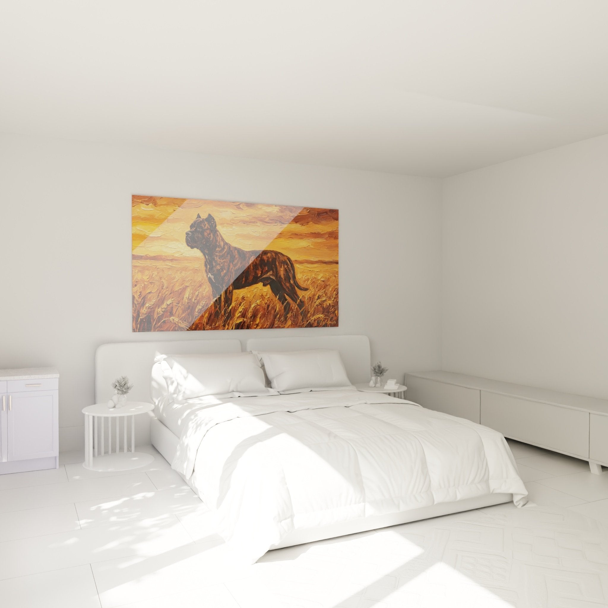 Decoration murale cane corso chambre ambiance chaleureuse tons dores cuivres art animalier rustique moderne