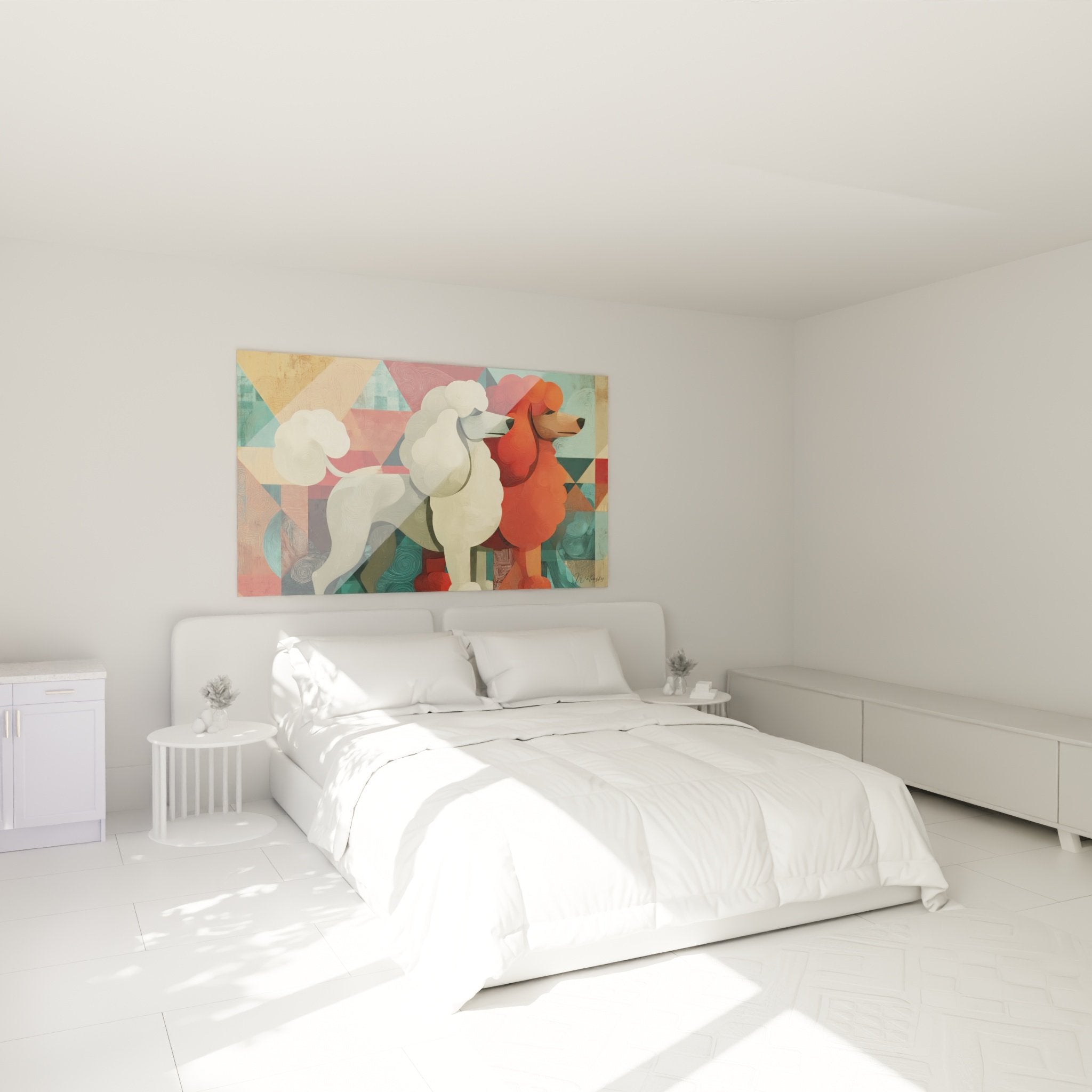 Decoration murale caniche geometrique dans chambre moderne couleurs harmonieuses