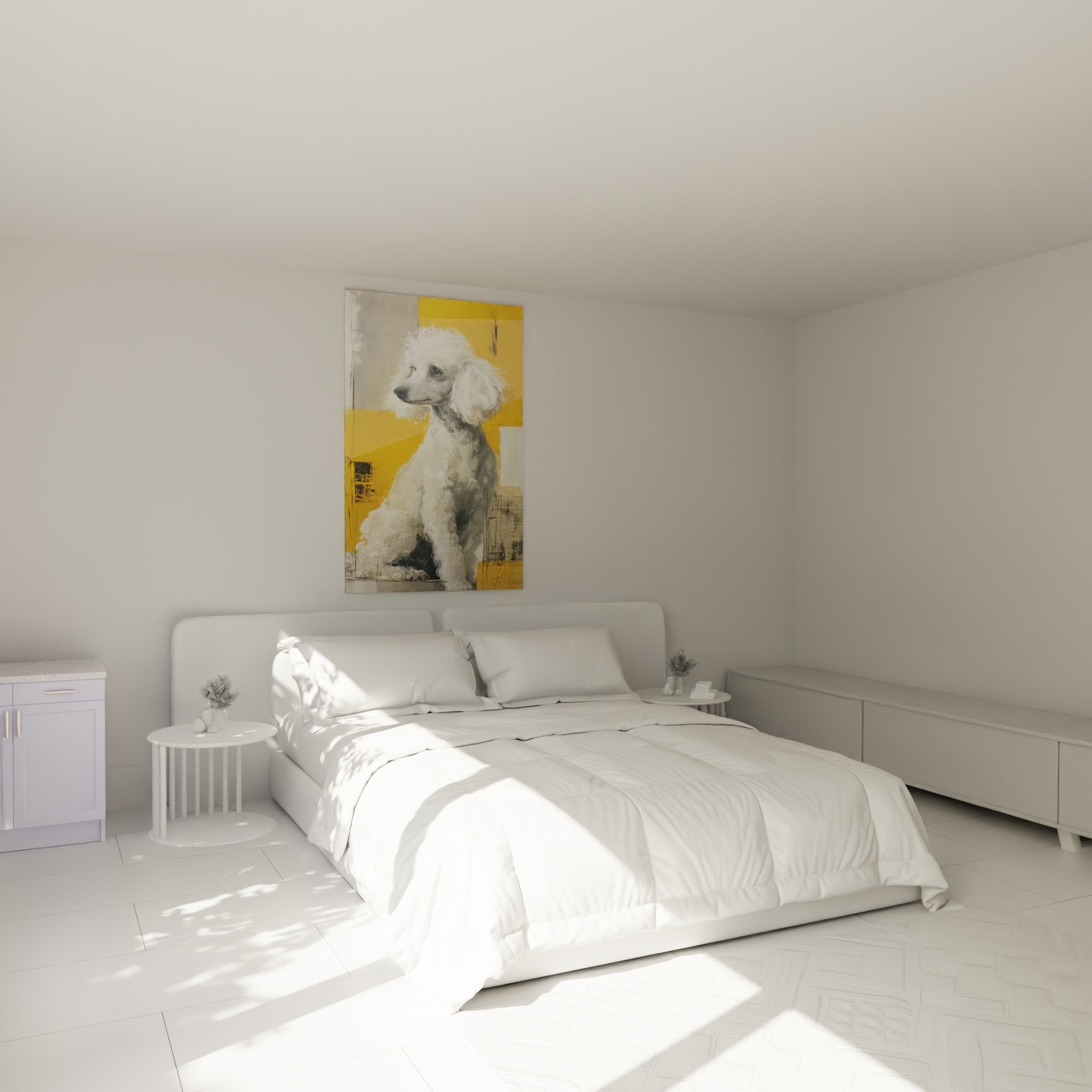 Décoration chambre avec tableau caniche blanc et jaune, ambiance moderne et chaleureuse
