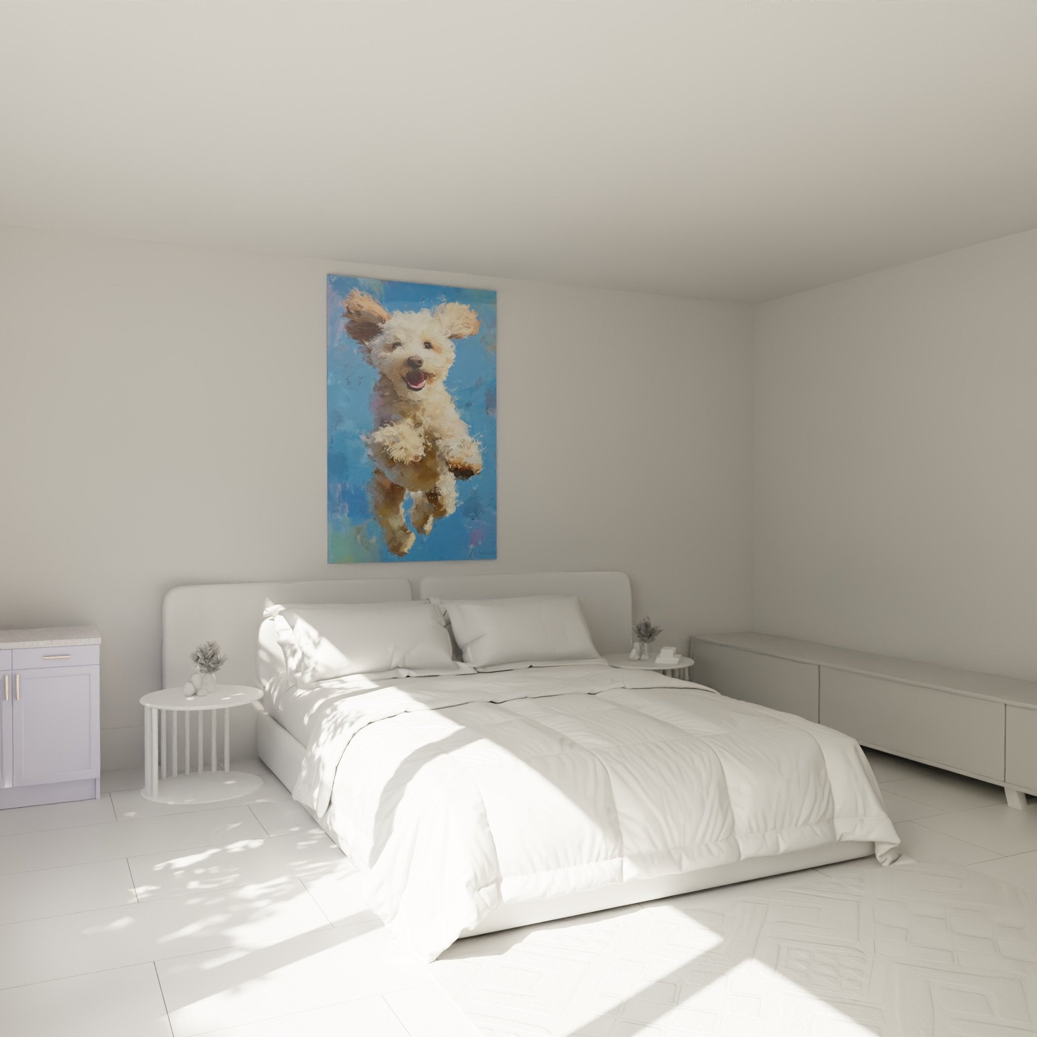 Wanddekoration springender Pudel im modernen Schlafzimmer, warme und dynamische Atmosphäre