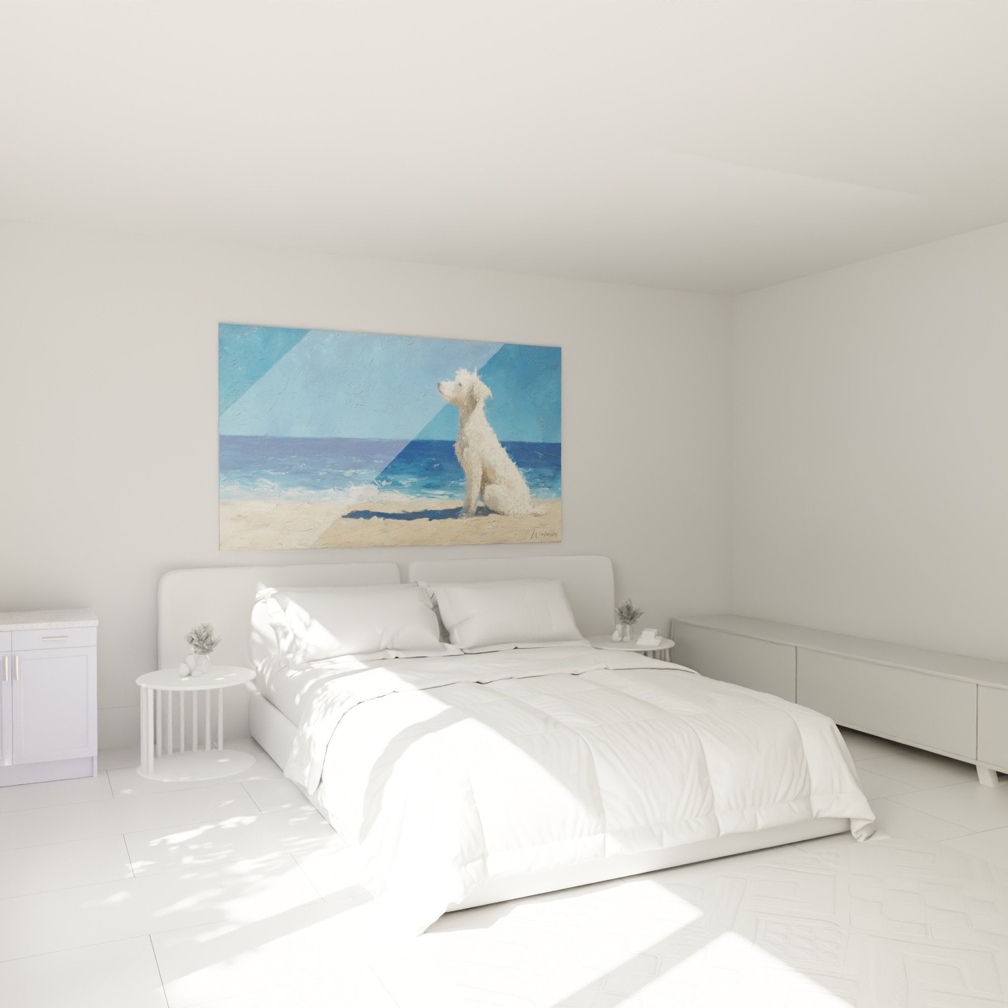 Schlafzimmer-Deko Bild weißer Pudel Strand Ozean beruhigende Atmosphäre Zen maritim beige Wand