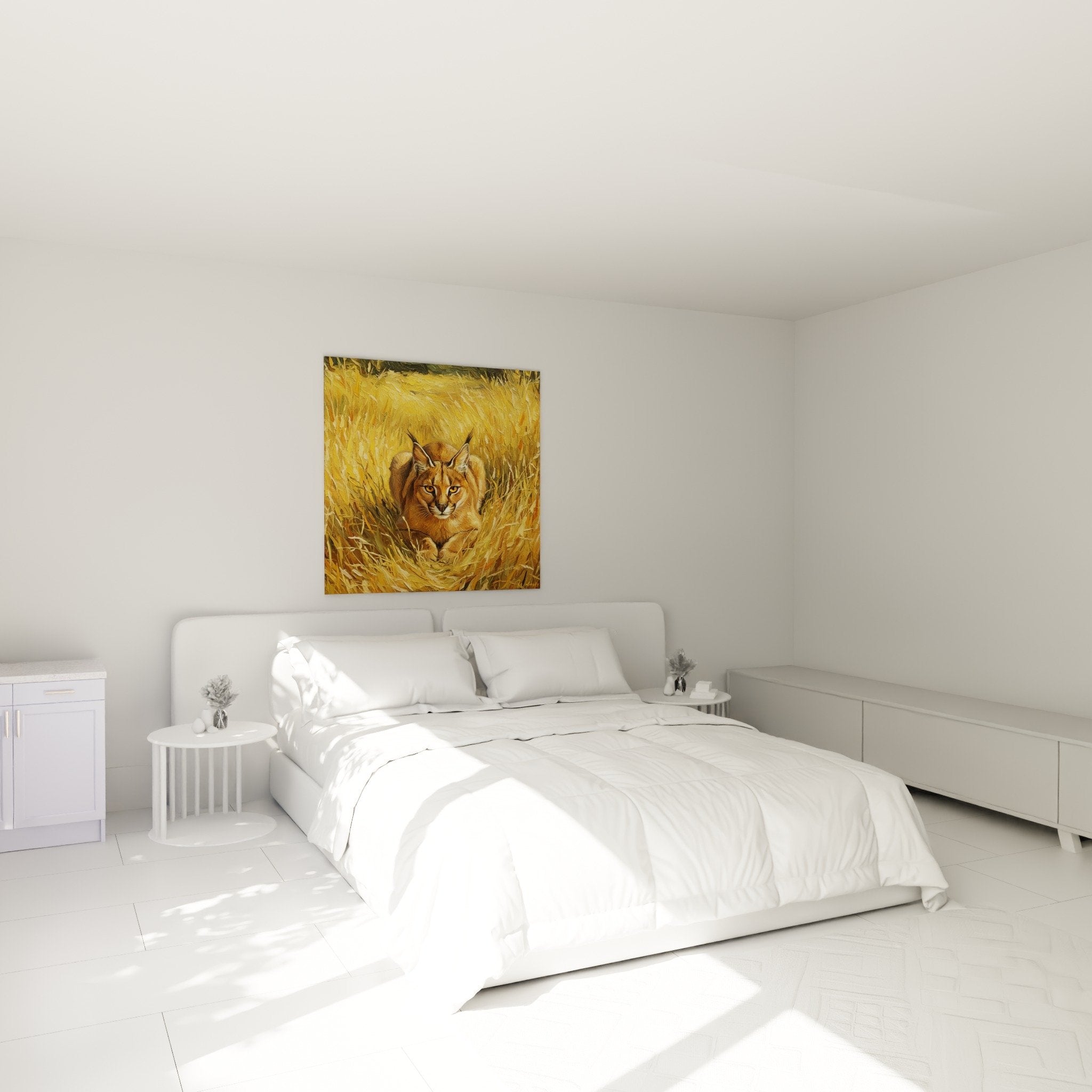 Schlafzimmerdeko Caracal-Gemälde goldene Gräser, natürliche Atmosphäre warme Beige-Töne