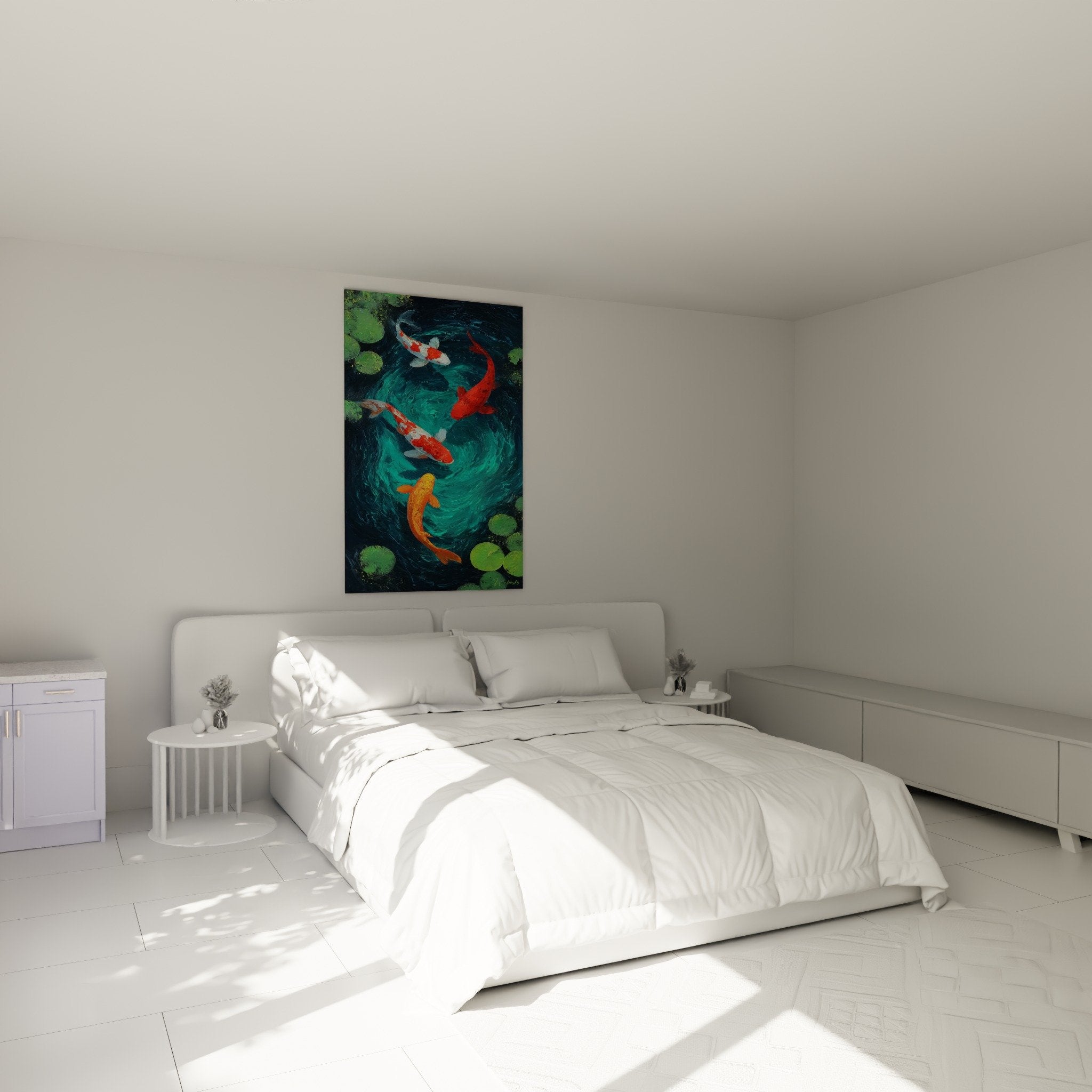Décoration chambre tableau carpes koi multicolores bassin aquatique nénuphars ambiance zen apaisante