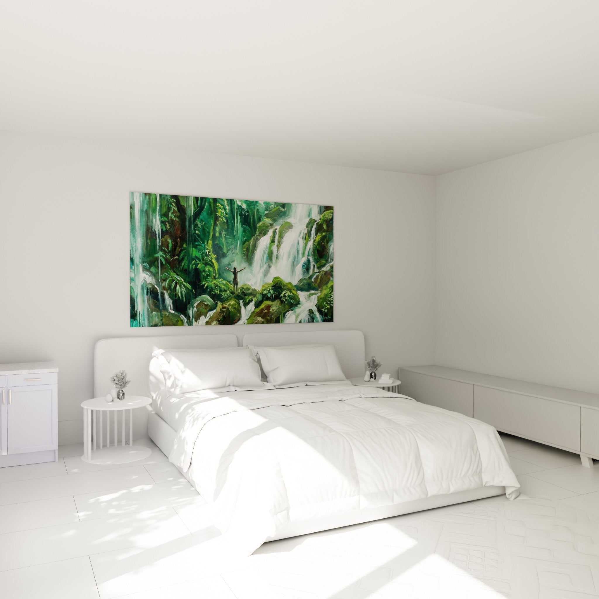 Tableau cascade verte tropicale décorant chambre zen avec mobilier bois naturel ambiance Bali