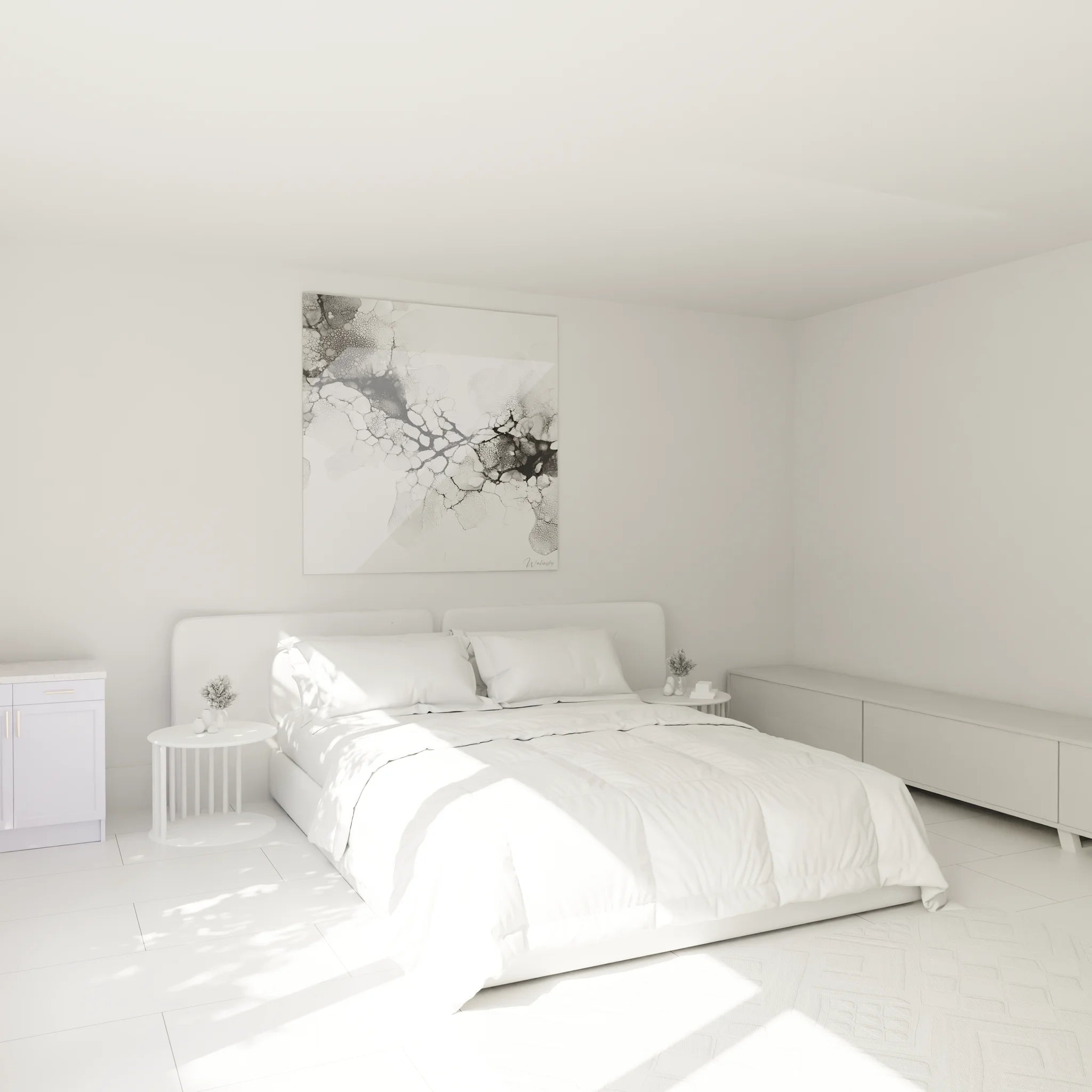 Décoration murale cellules organiques noir blanc dans ambiance chambre contemporaine élégante