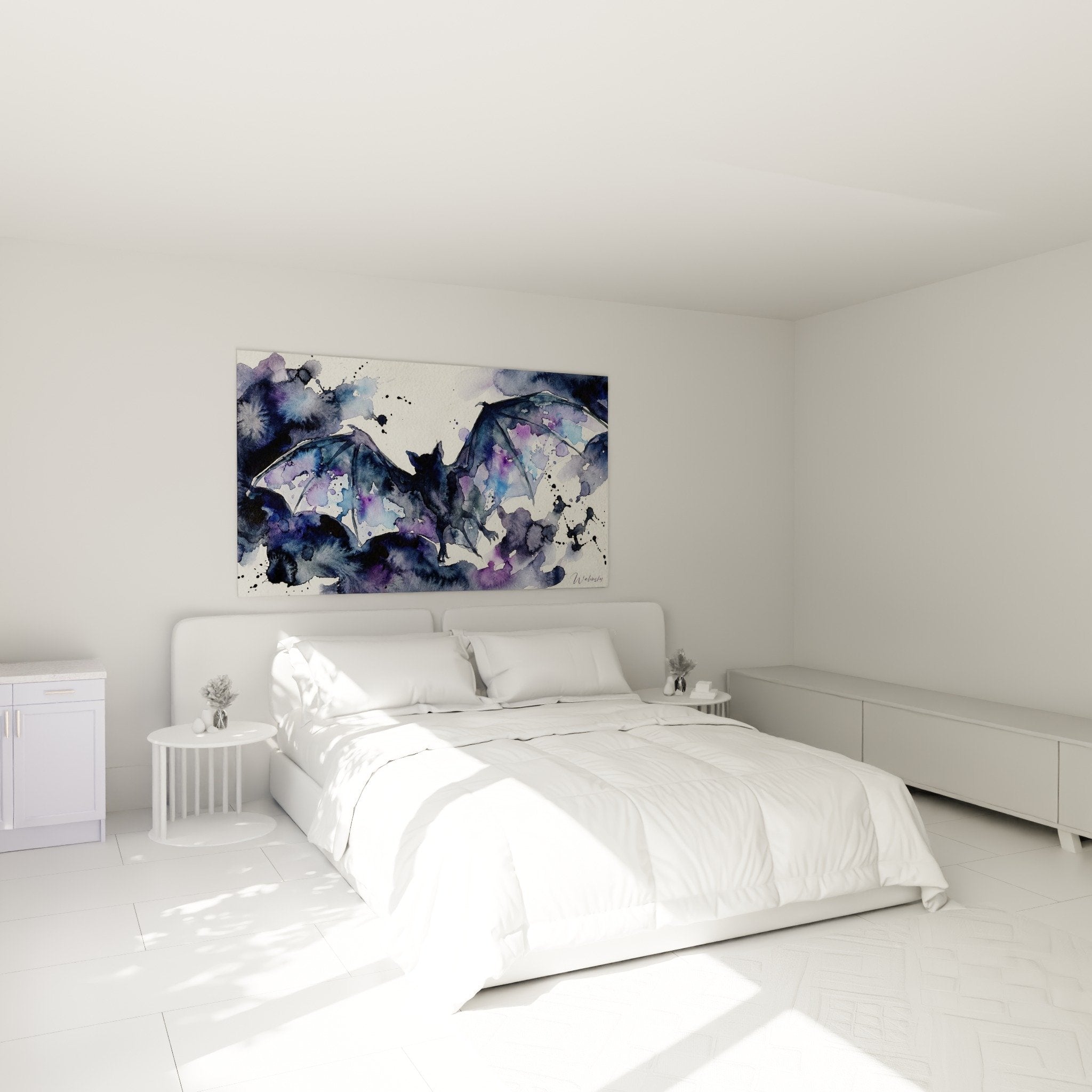 Modernes Schlafzimmer Dekor Fledermaus Aquarell Kunstdruck blau violett nächtliche künstlerische Atmosphäre