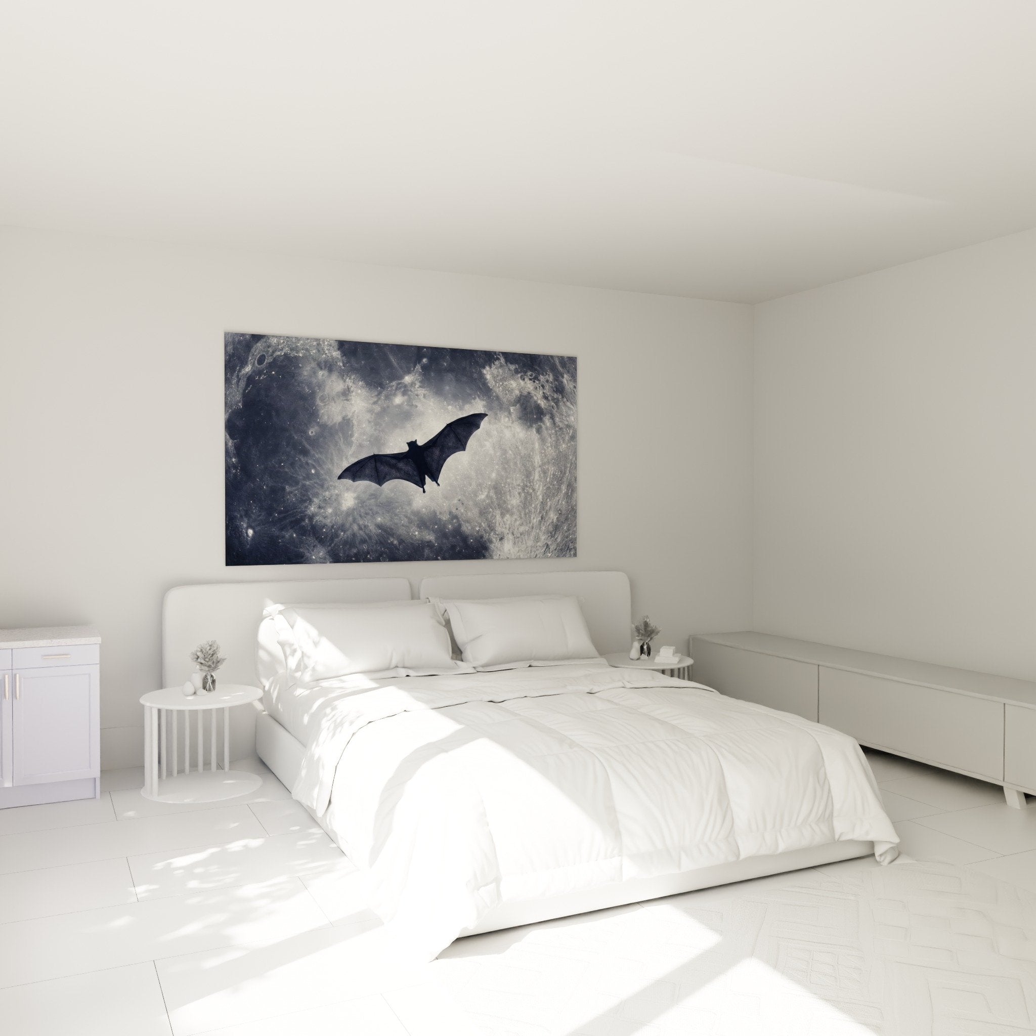 Decoration chambre tableau lune argentee chauve-souris silhouette murale ambiance nocturne apaisante