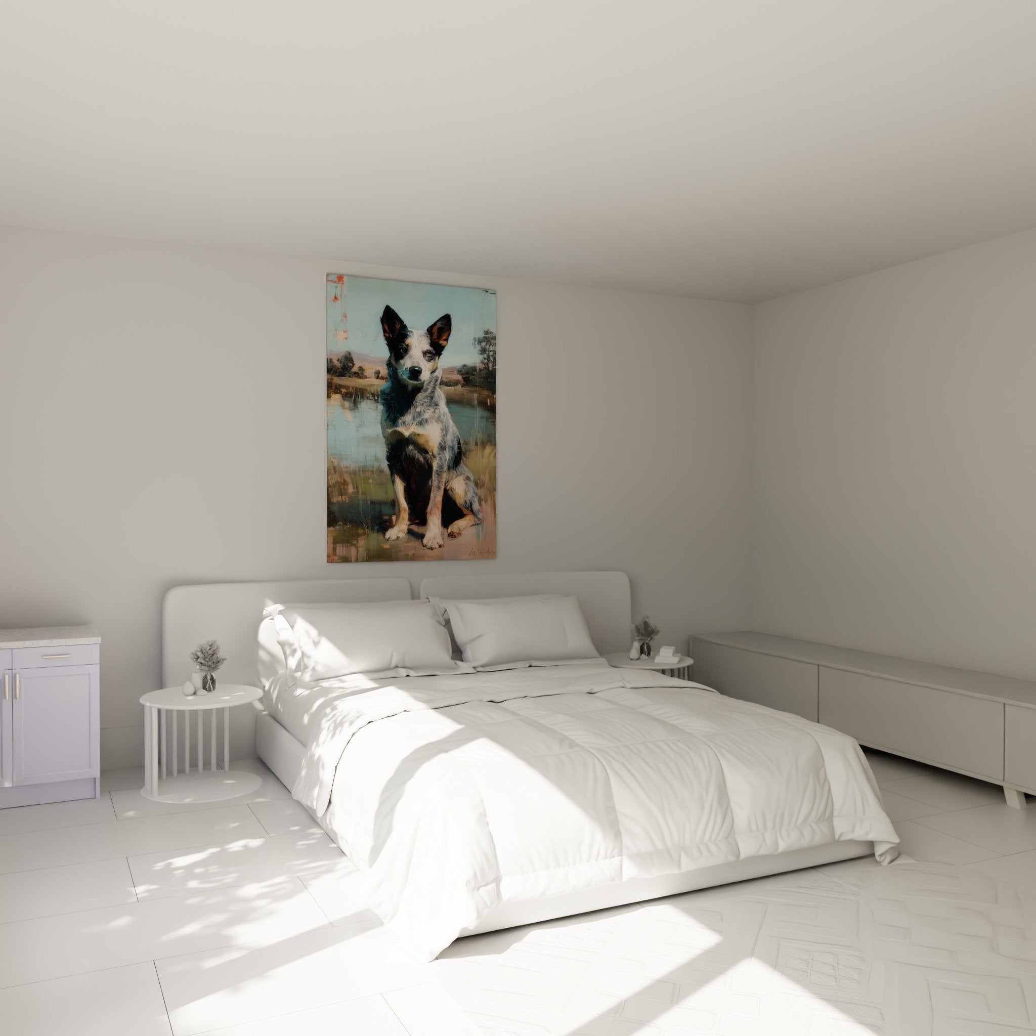 Tableau chien berger australien chambre decoration murale tons bleus apaisants ambiance cocooning