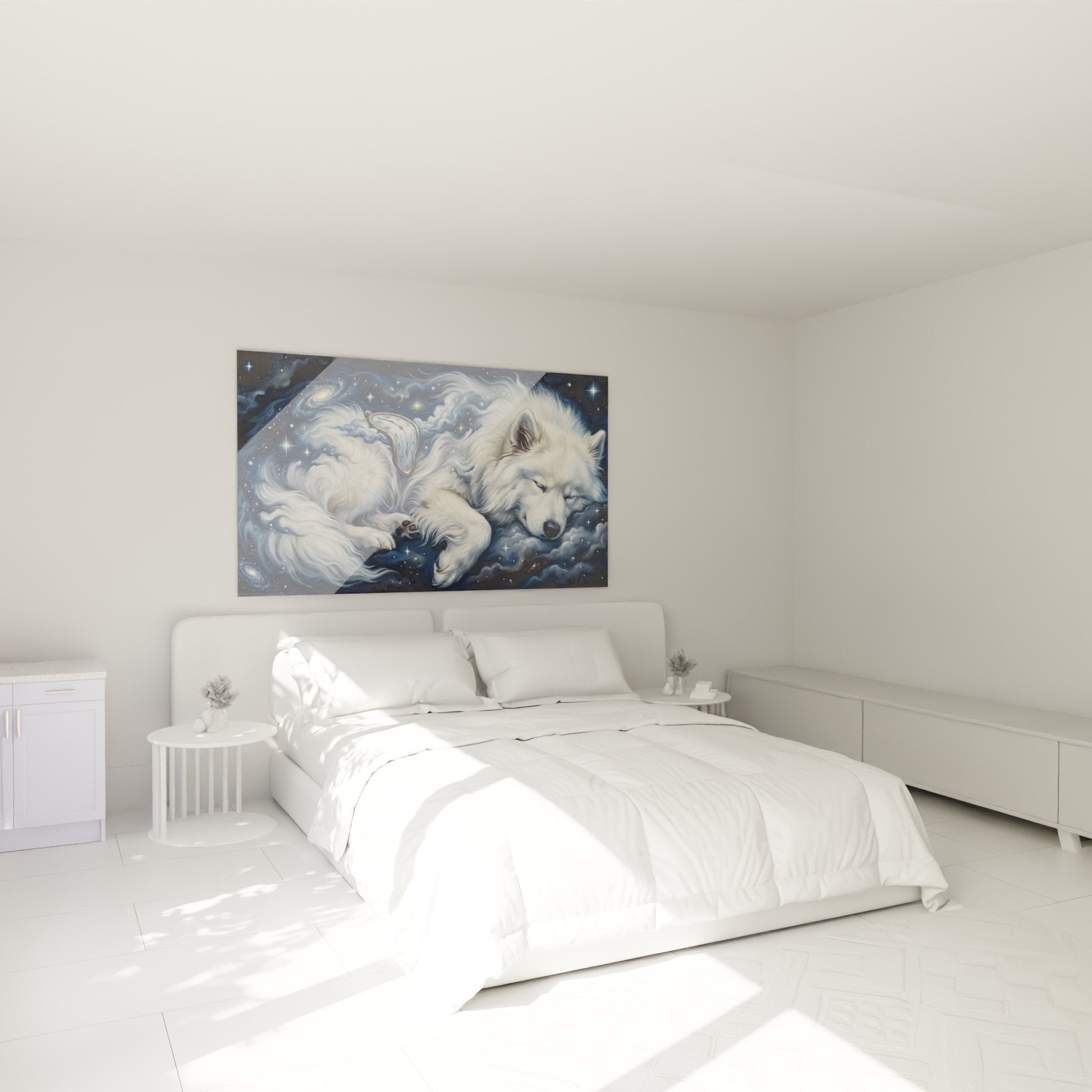 Decoration chambre tableau chien blanc cosmique nuages etoiles ambiance apaisante bleu nuit