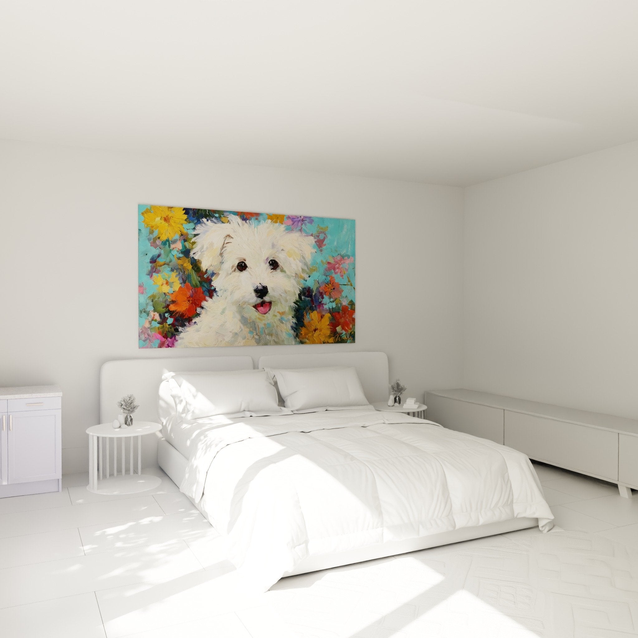 Weißer Hund bunte Blumen Wanddeko Schlafzimmer fröhliche Atmosphäre Coton de Tuléar Wandkunst
