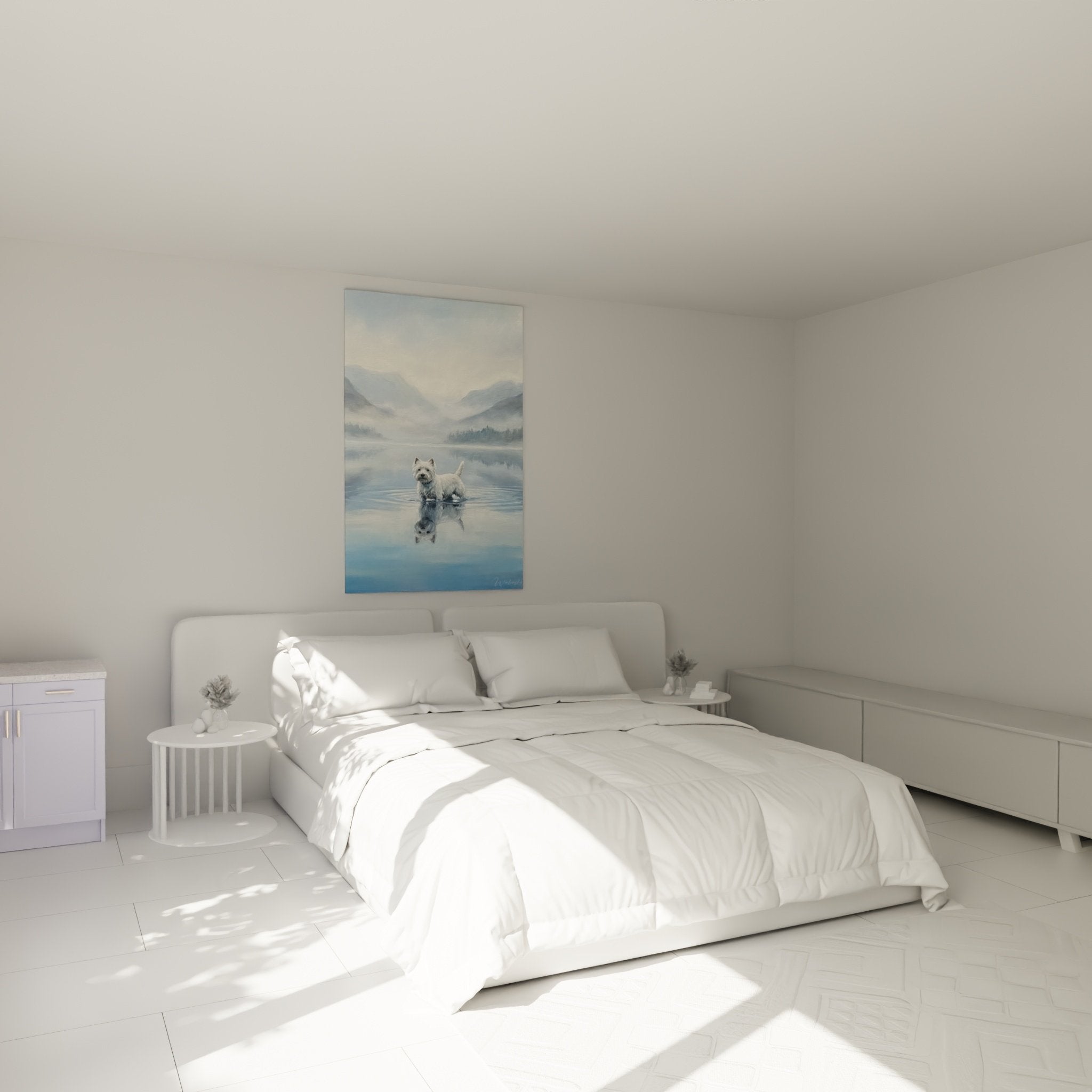 Gemälde weißer Hund See Berg im modernen Schlafzimmer helle Wände beruhigende Naturdekorationen