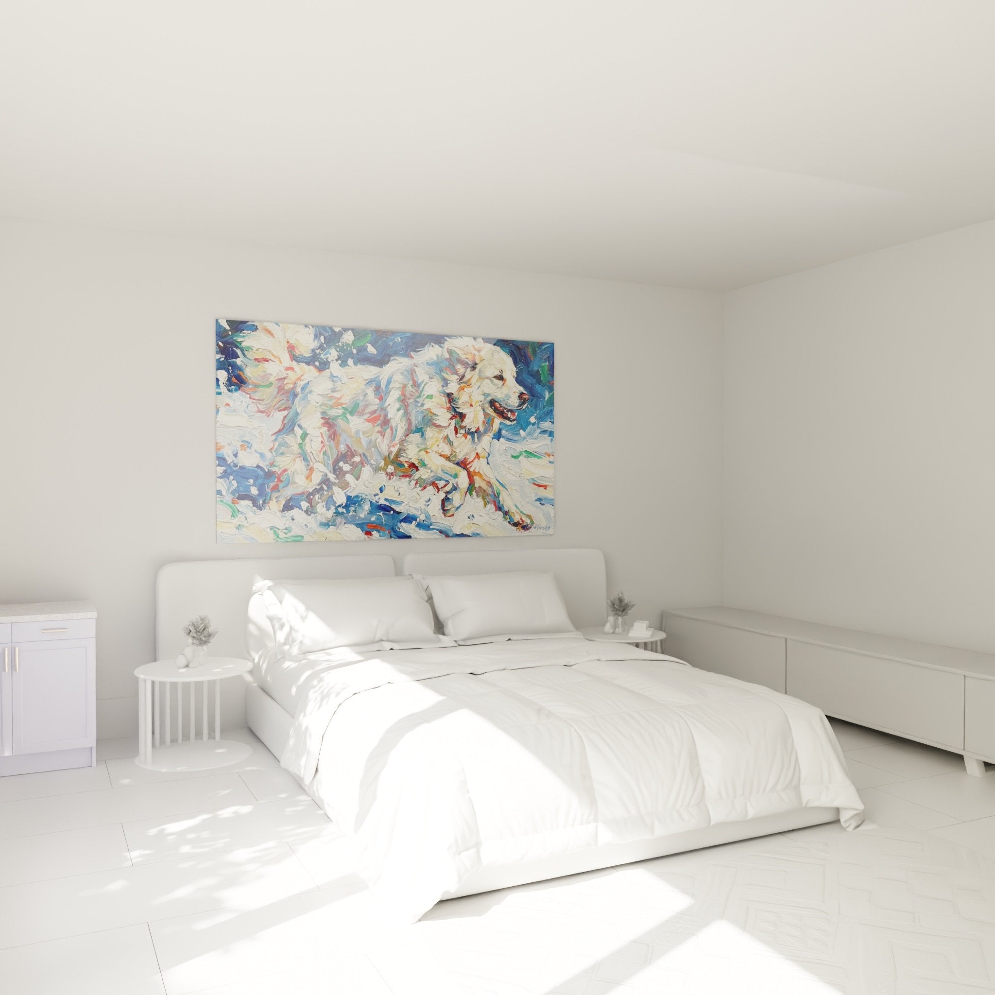 Decorazione murale cane bianco neve camera atmosfera montana quadro Montagna dei Pirenei