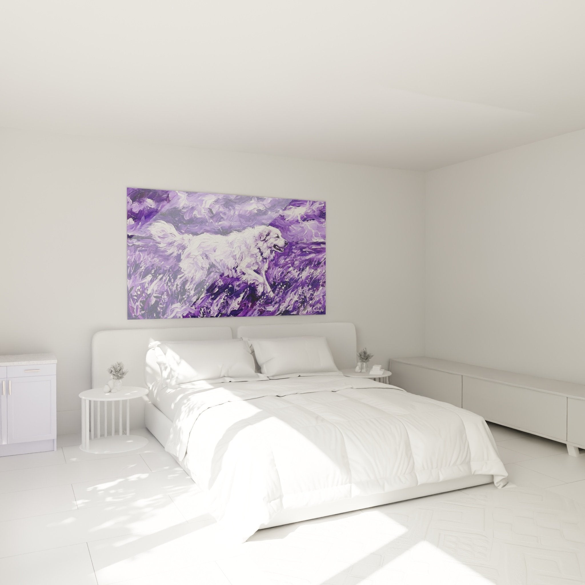 Schlafzimmer-Wanddekoration Hundetableau weiß violett beruhigendes Ambiente zeitgenössische Wandkunst