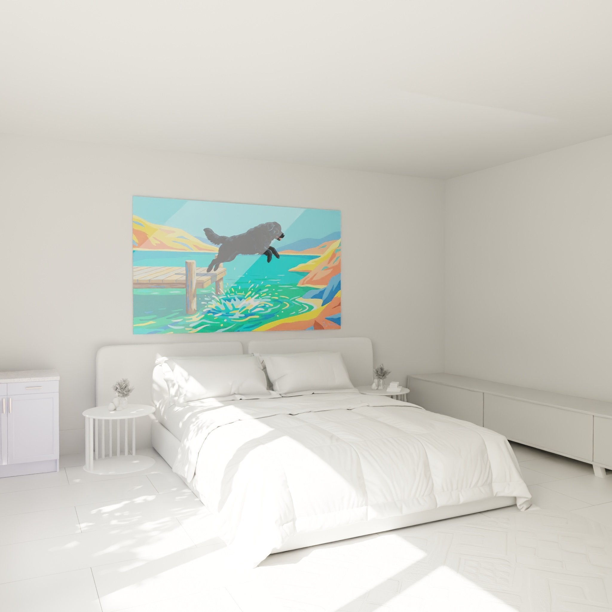 Décoration murale chambre avec Terre Neuve plongeant dans eau cristalline aux reflets turquoise et émeraude