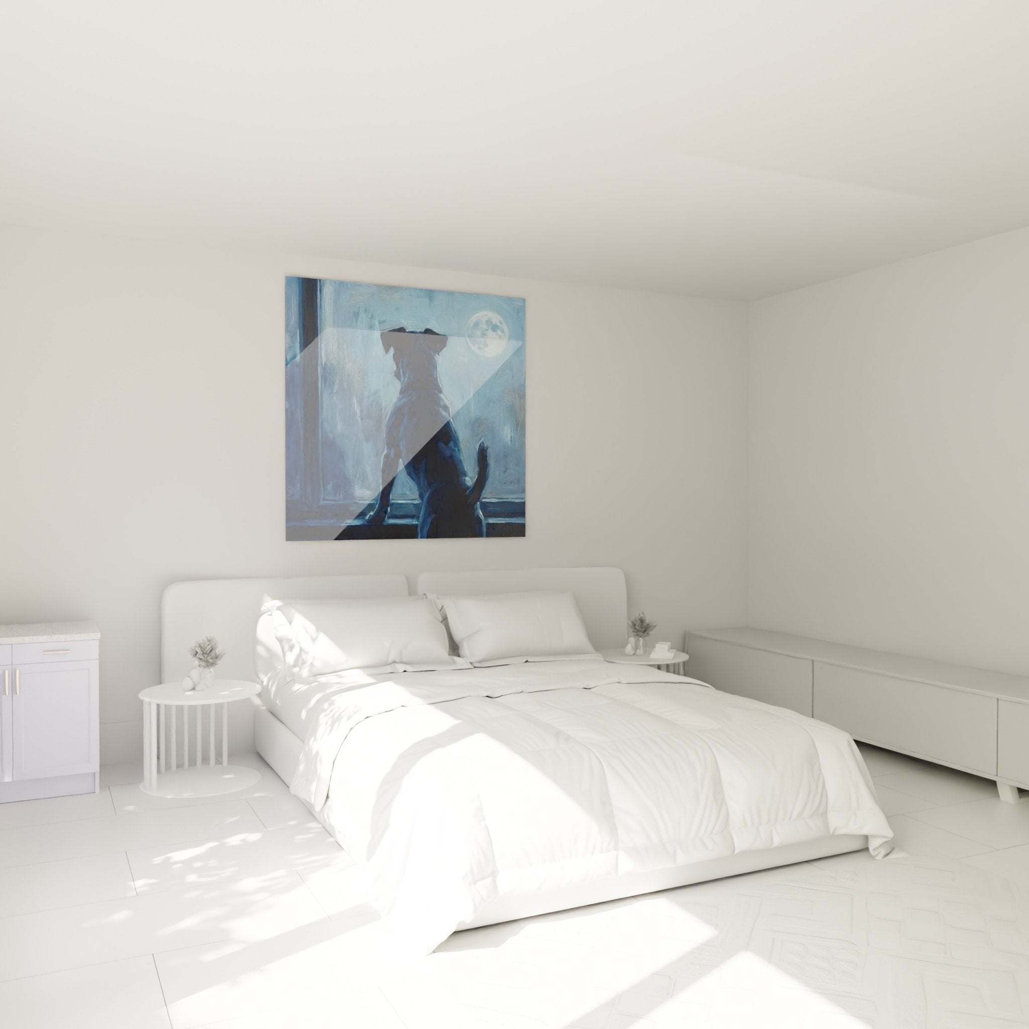 Blue dog moon painting bedroom wall decoration soothing nighttime ambiance Jack Russell Terrier