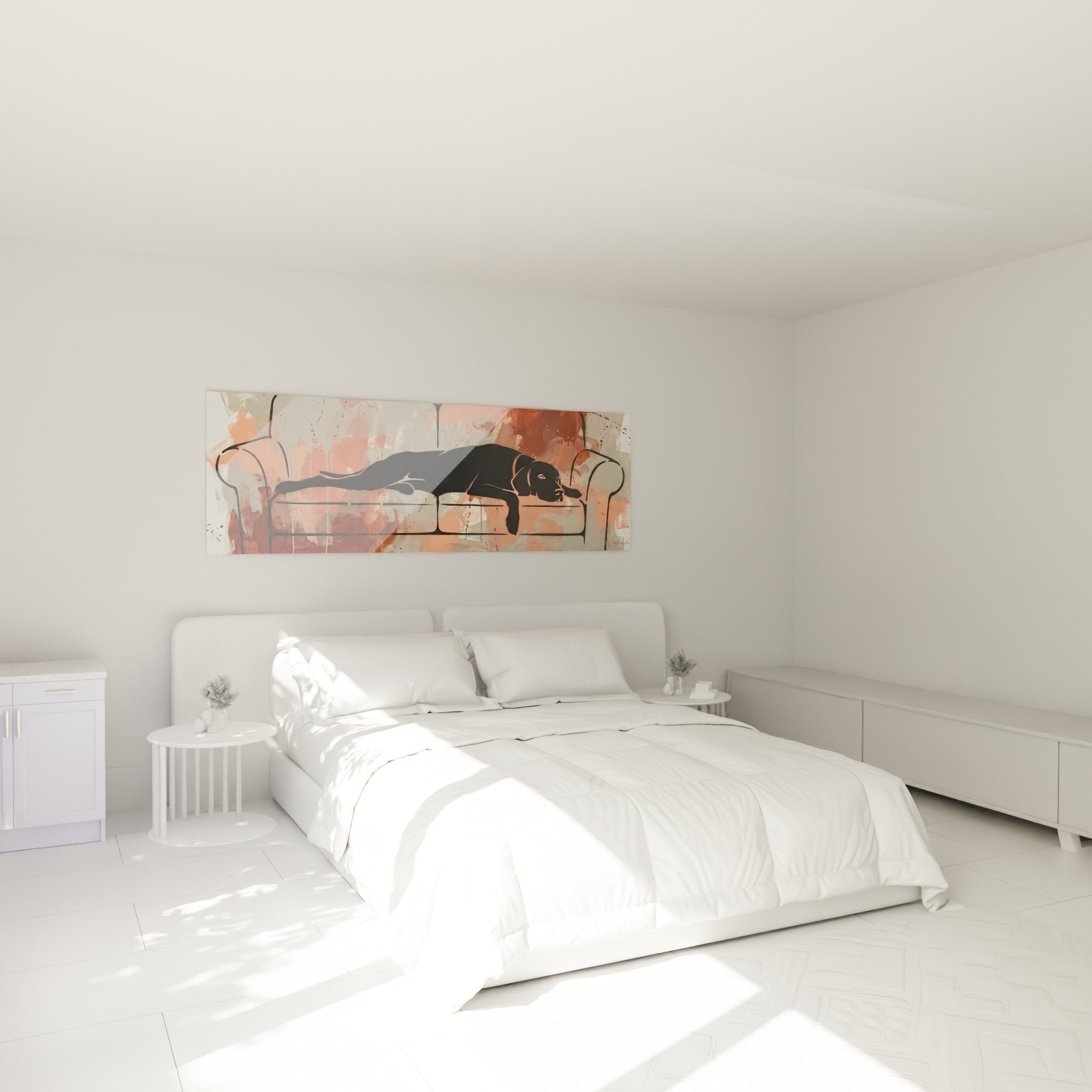 Decoration chambre tableau chien noir moderne ambiance chaleureuse tons corail beige vizsla