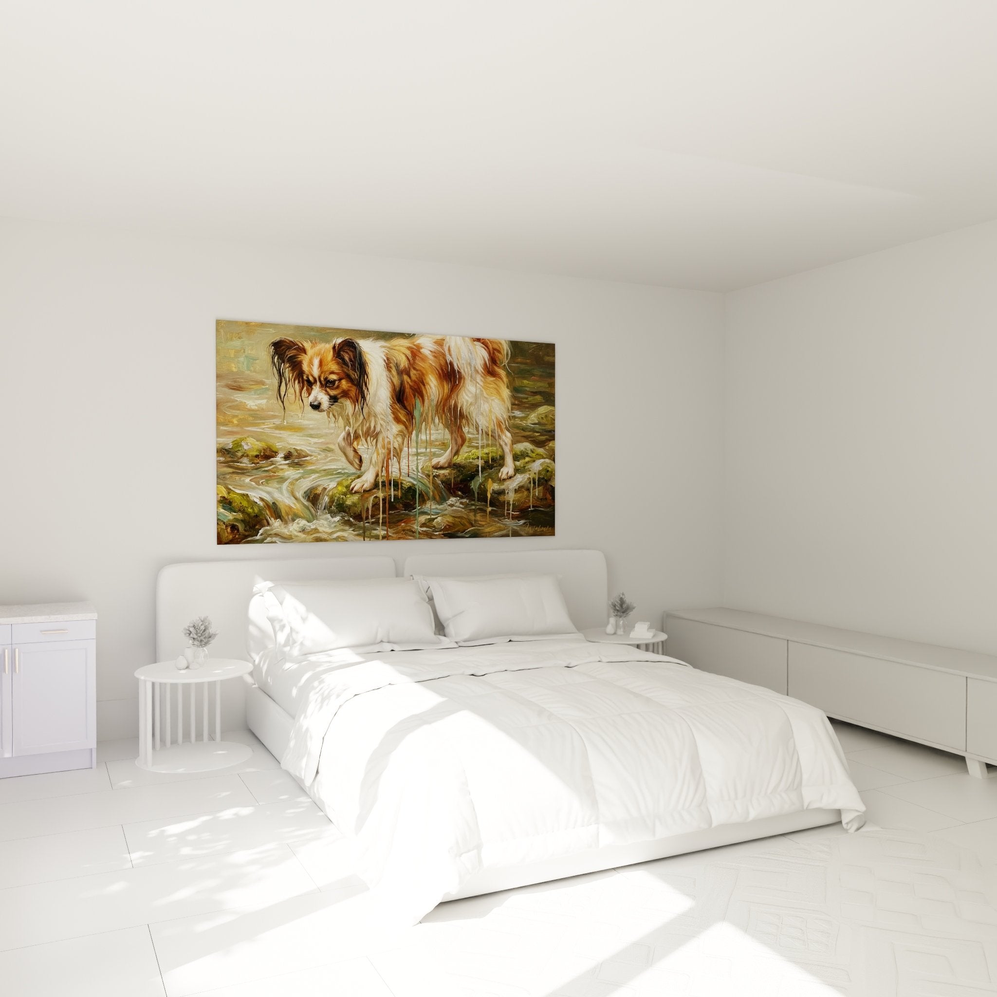 Wanddekoration Schlafzimmer mit Aquarell eines nassen Papillon-Hundes in warmen Farben