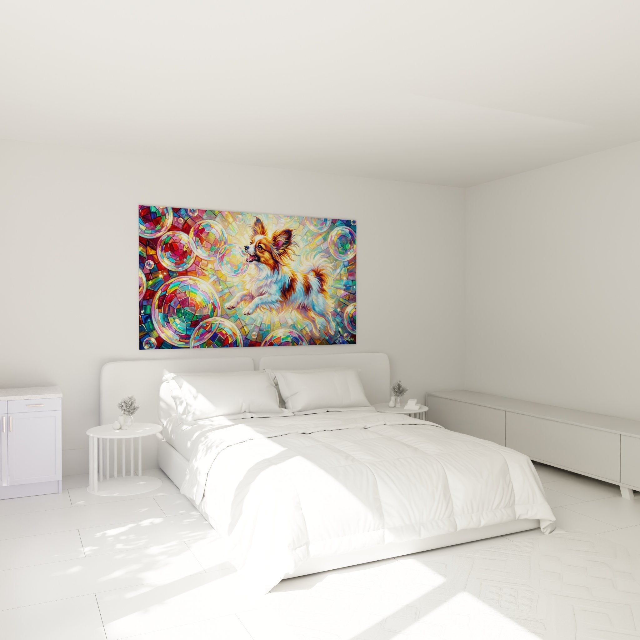 Decoration murale chambre chien papillon bulles arc-en-ciel ambiance feerique coloree