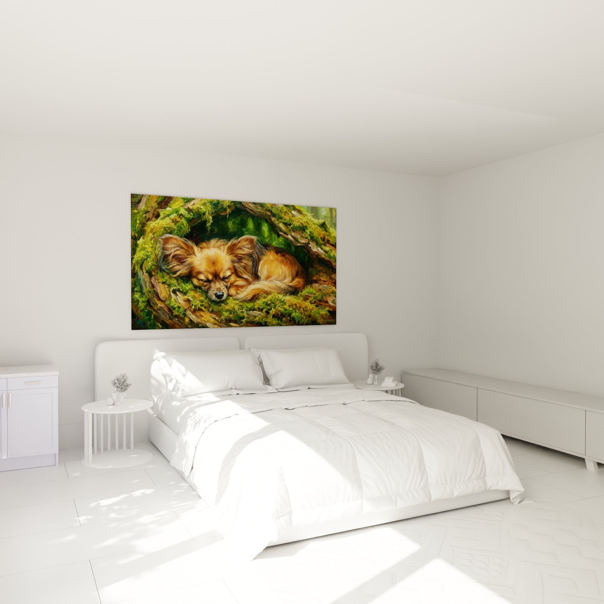 Deco chambre tableau chien papillon endormi mousse verte au dessus lit ambiance apaisante tons naturels