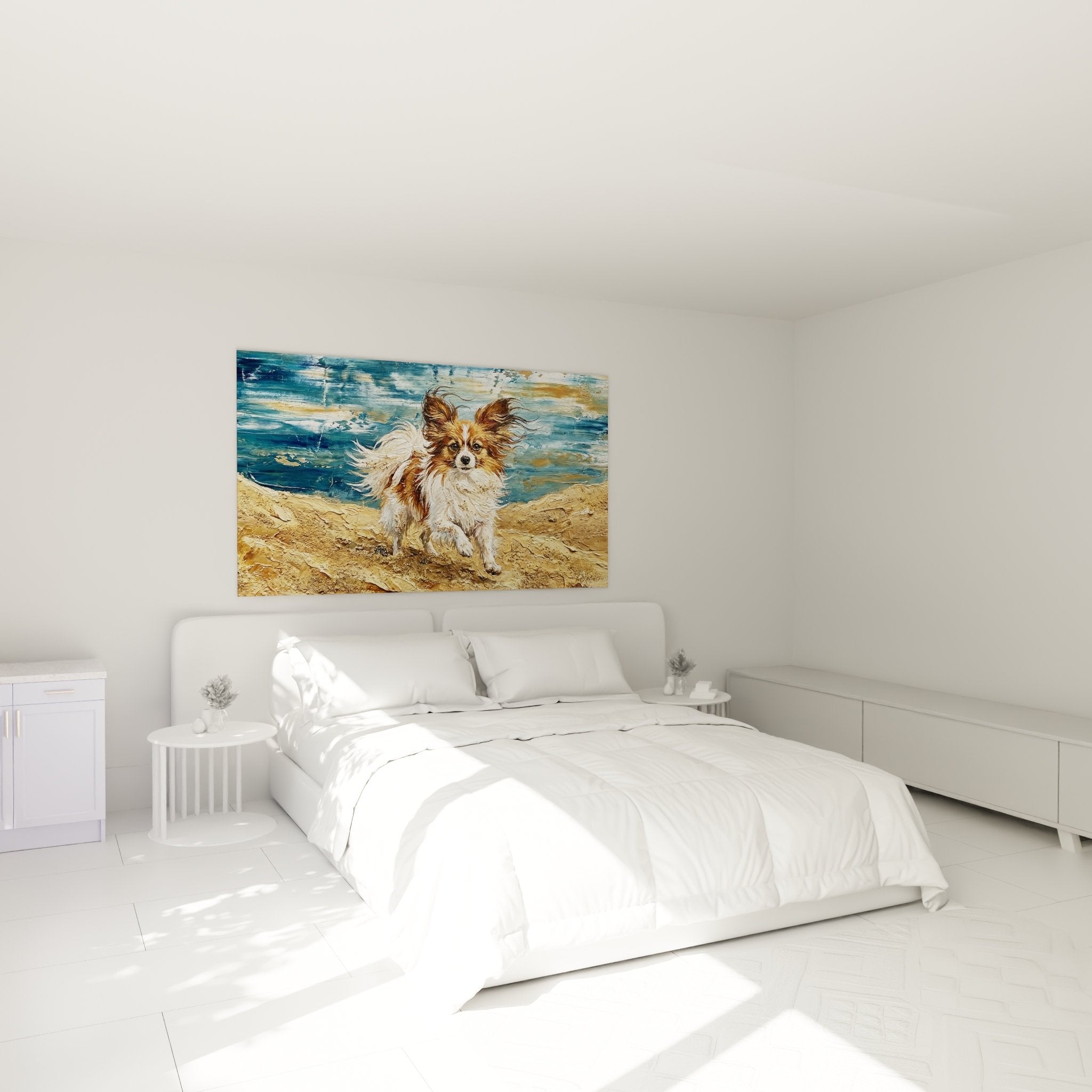Décoration chambre tableau chien papillon plage ambiance maritime naturelle mur beige mobilier bois clair