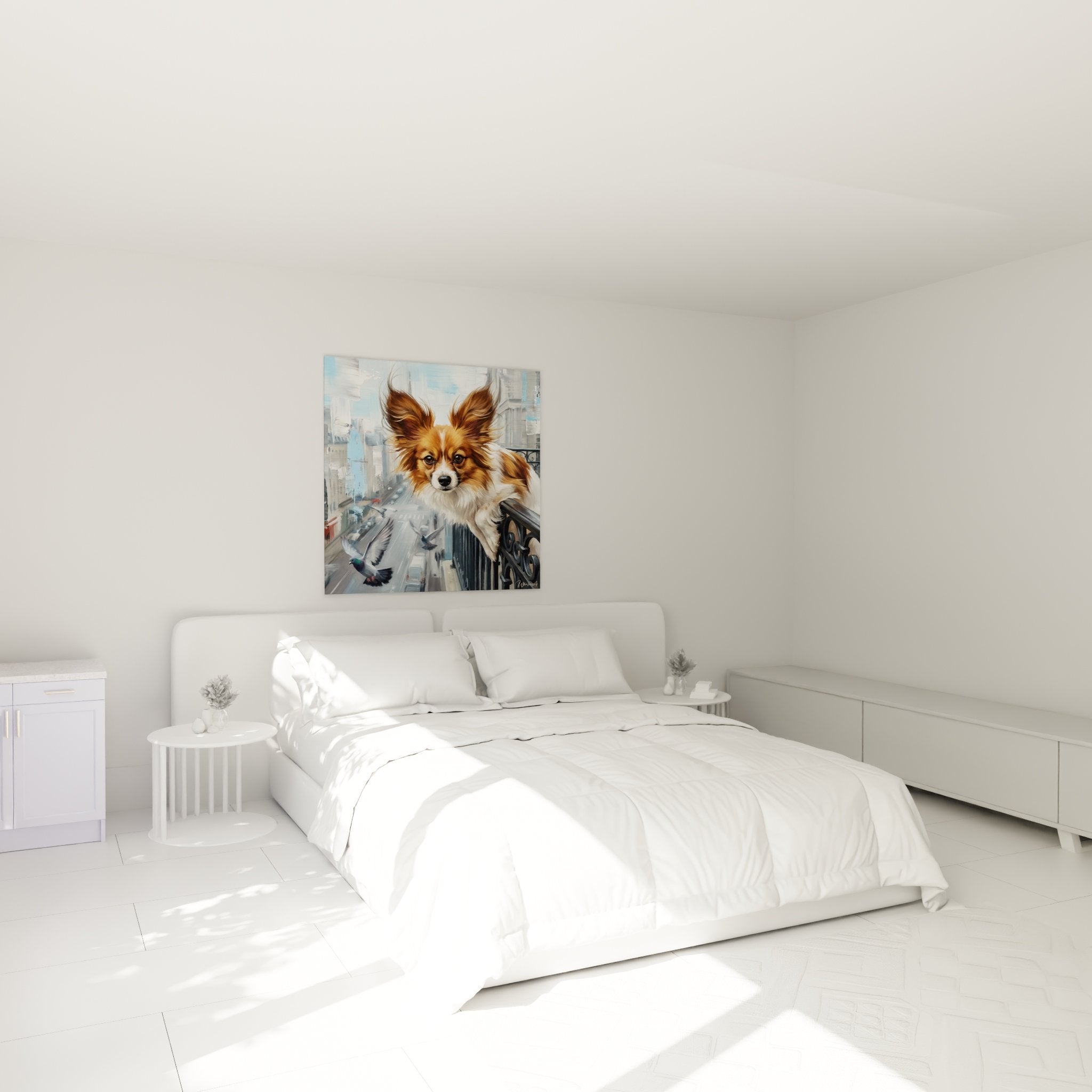 decoration chambre tableau chien papillon roux pelage dore ambiance urbaine douce art mural moderne