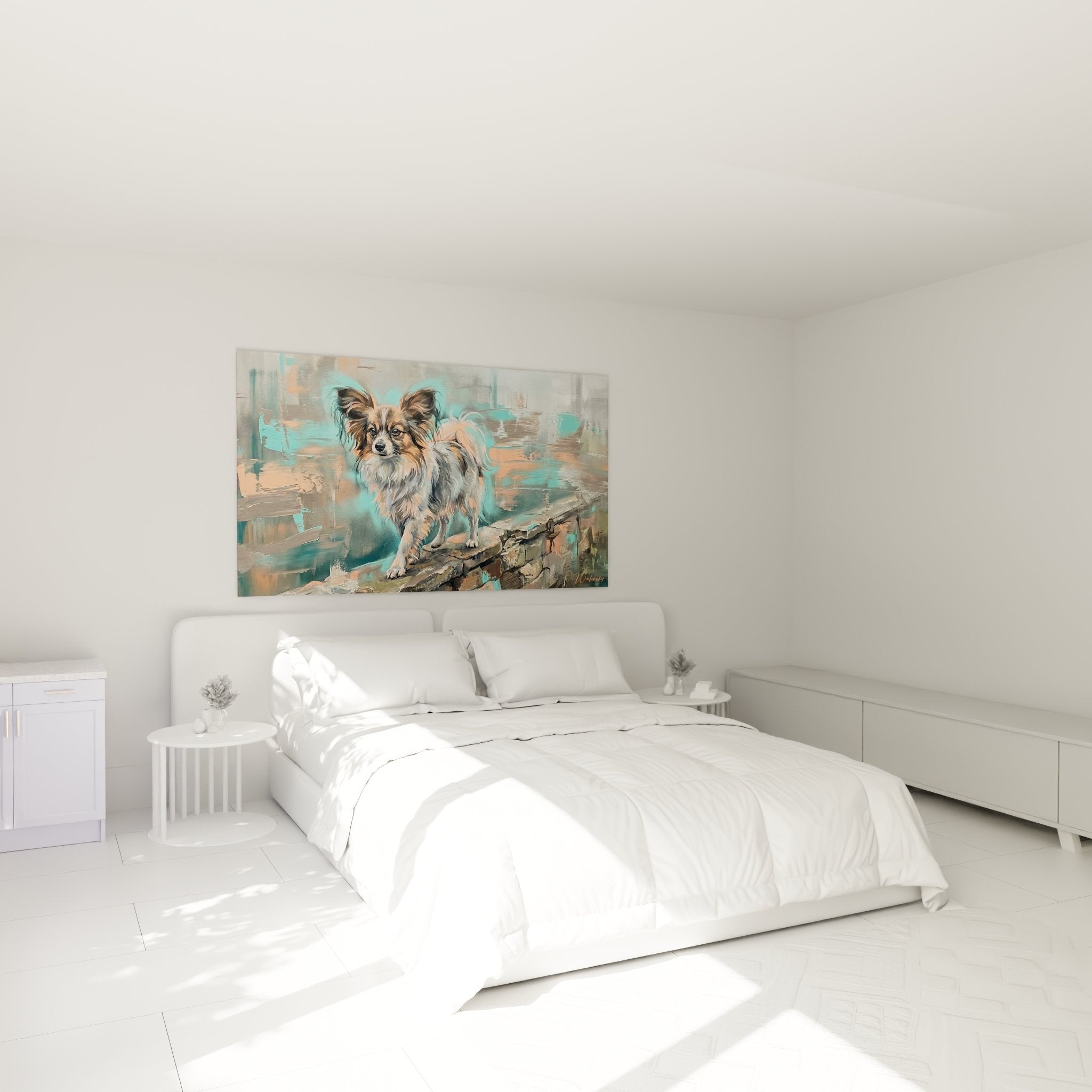 Décoration murale chien Papillon turquoise dans chambre contemporaine élégante