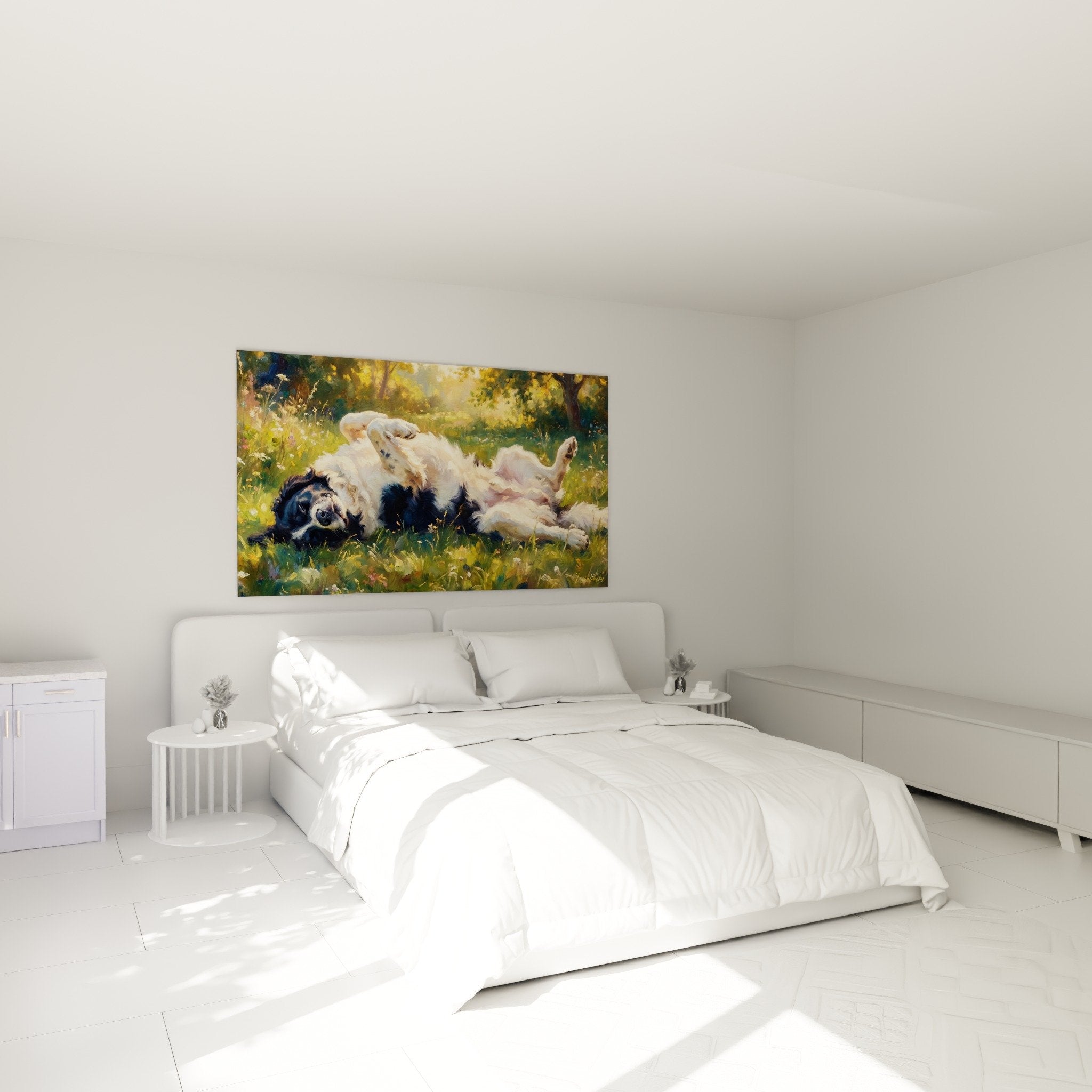 Landseer dog wall art in bedroom with cosy ambiance, soft lighting and chic countryside style